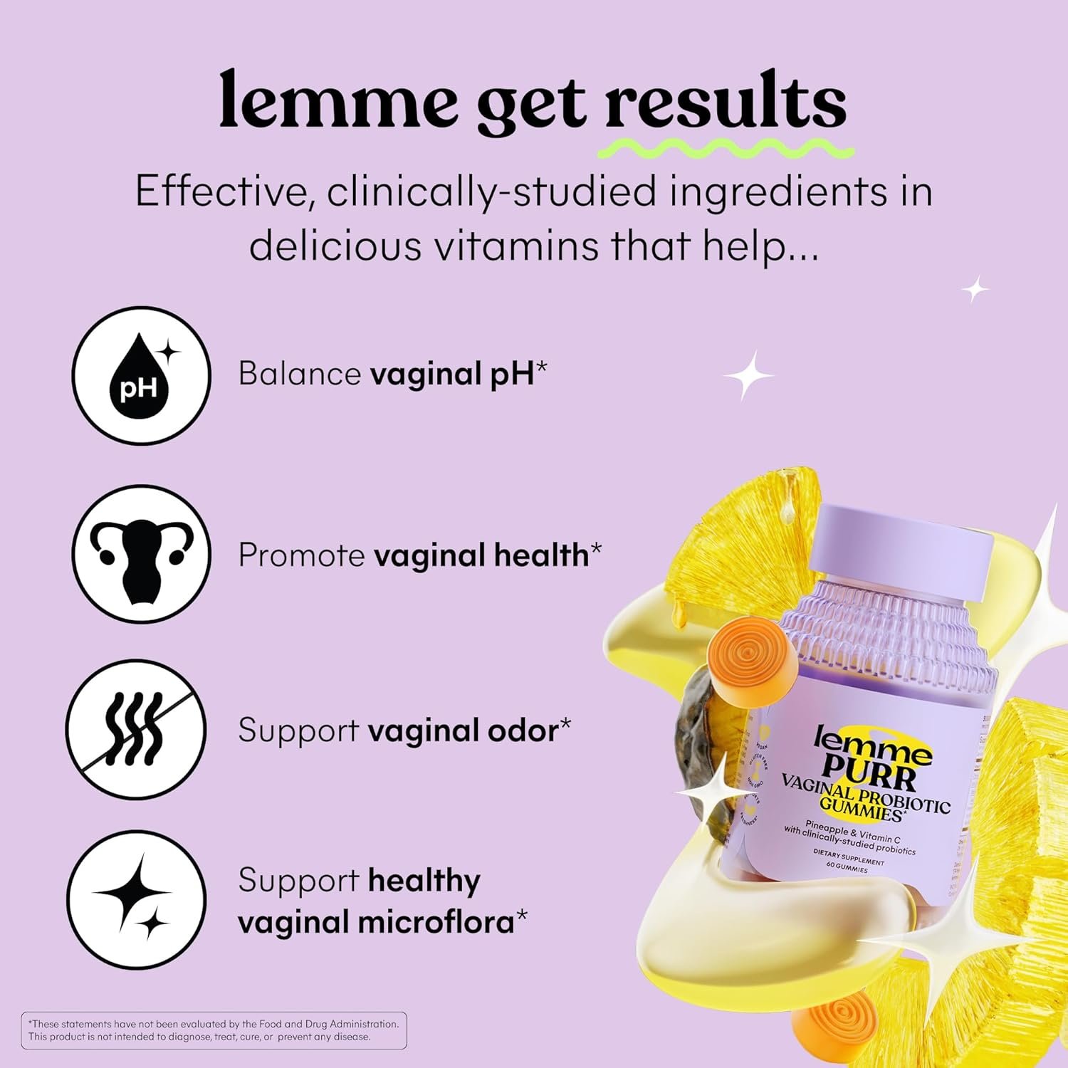 Lemme Purr Vaginal Probiotic Gummies for Women - Balanced pH, Healthy Odor, Yeast Balance Flora Support + Vitamin C for Immune Health - Tasty Pineapple (60 Count)