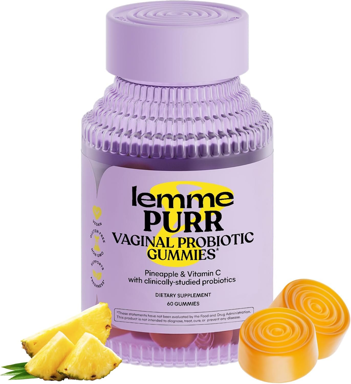 Lemme Purr Vaginal Probiotic Gummies for Women - Balanced pH, Healthy Odor, Yeast Balance Flora Support + Vitamin C for Immune Health - Tasty Pineapple (60 Count)