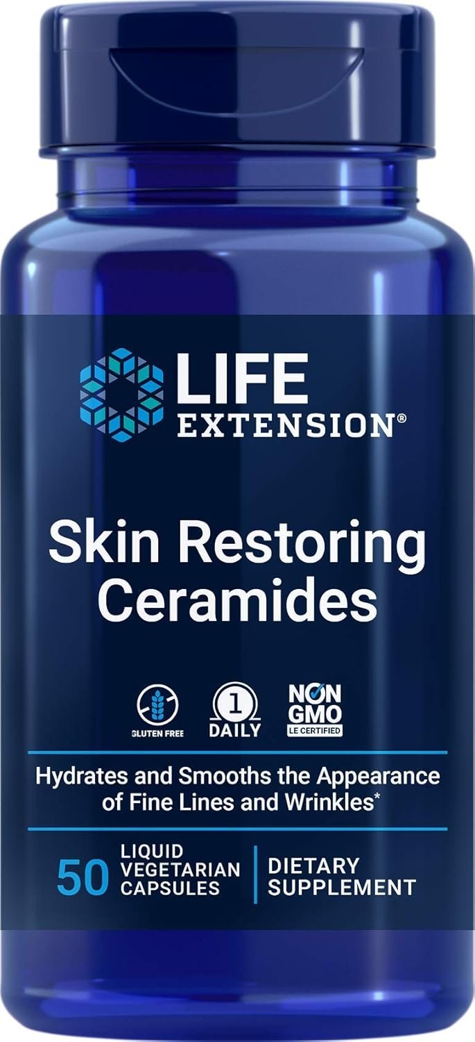 Life Extension Skin Restoring Ceramides - Promotes Hydration Encourages Healthy Ceramide Levels in Skin - Once-Daily Oral Supplement - Non-GMO, Gluten-Free – 30 Liquid Vegetarian Capsules
