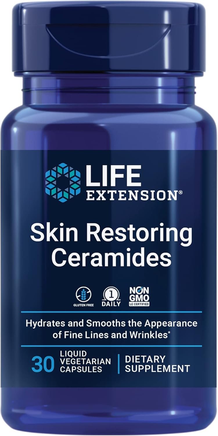 Life Extension Skin Restoring Ceramides - Promotes Hydration Encourages Healthy Ceramide Levels in Skin - Once-Daily Oral Supplement - Non-GMO, Gluten-Free – 30 Liquid Vegetarian Capsules