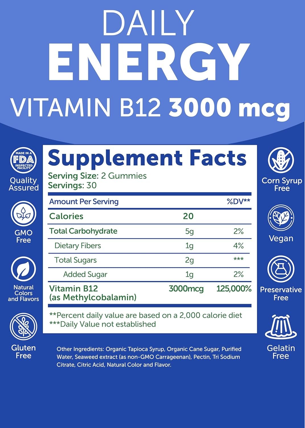 Lunakai Energy Gummies – USA Made Natural Energy Supplements – Vegan Vitamin B12 Gummies for Women Men – Delicious Methyl B12 3000 mcg, 60ct