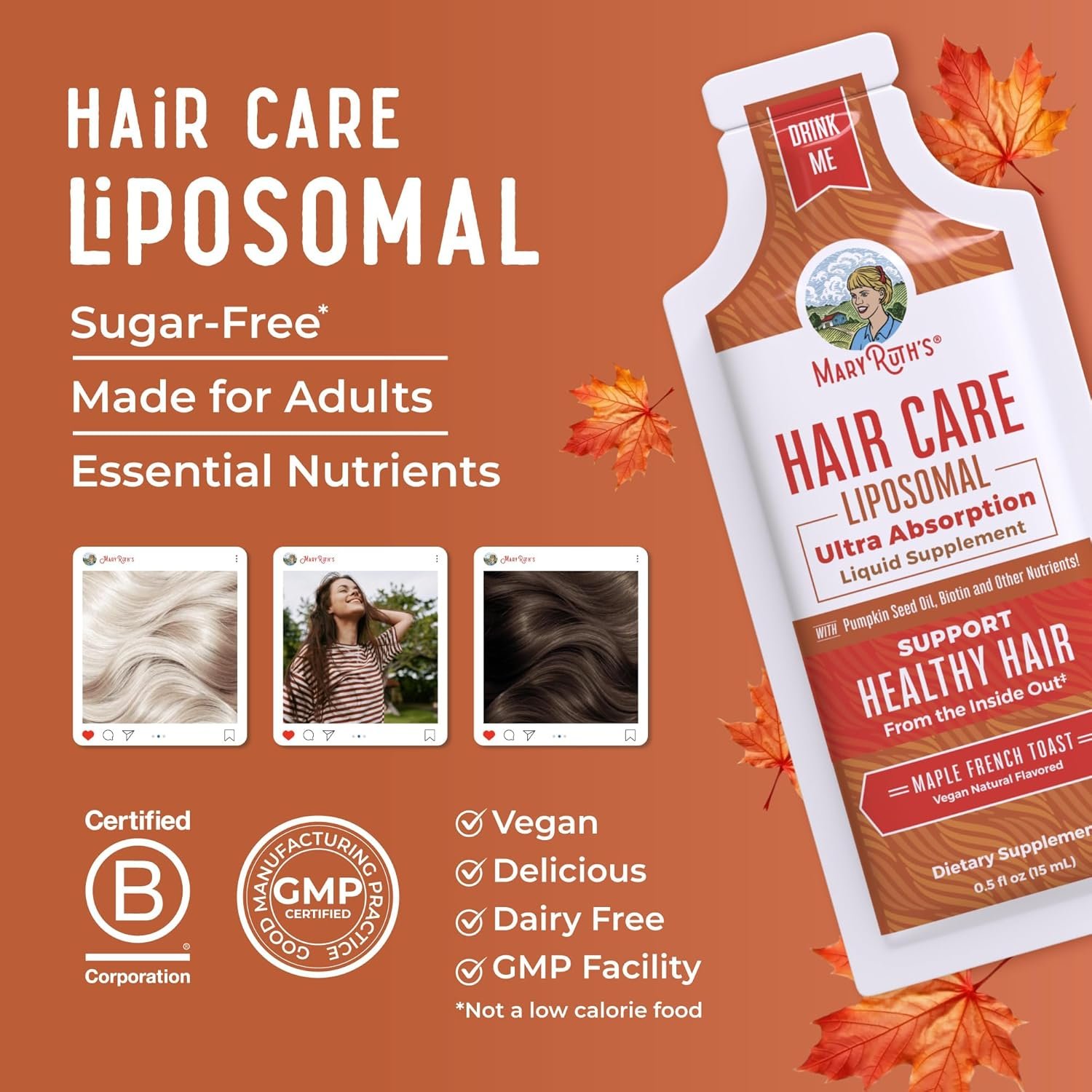 MaryRuth Organics Hair Growth Vitamins, Sugar Gluten Free, Liquid Hair Vitamins with Vitamin D3, Vitamin E Biotin Hyaluronic Acid, Selenium for Hair Skin Care Vegan, Non-GMO, 14-0.5 Fl Oz Pouches