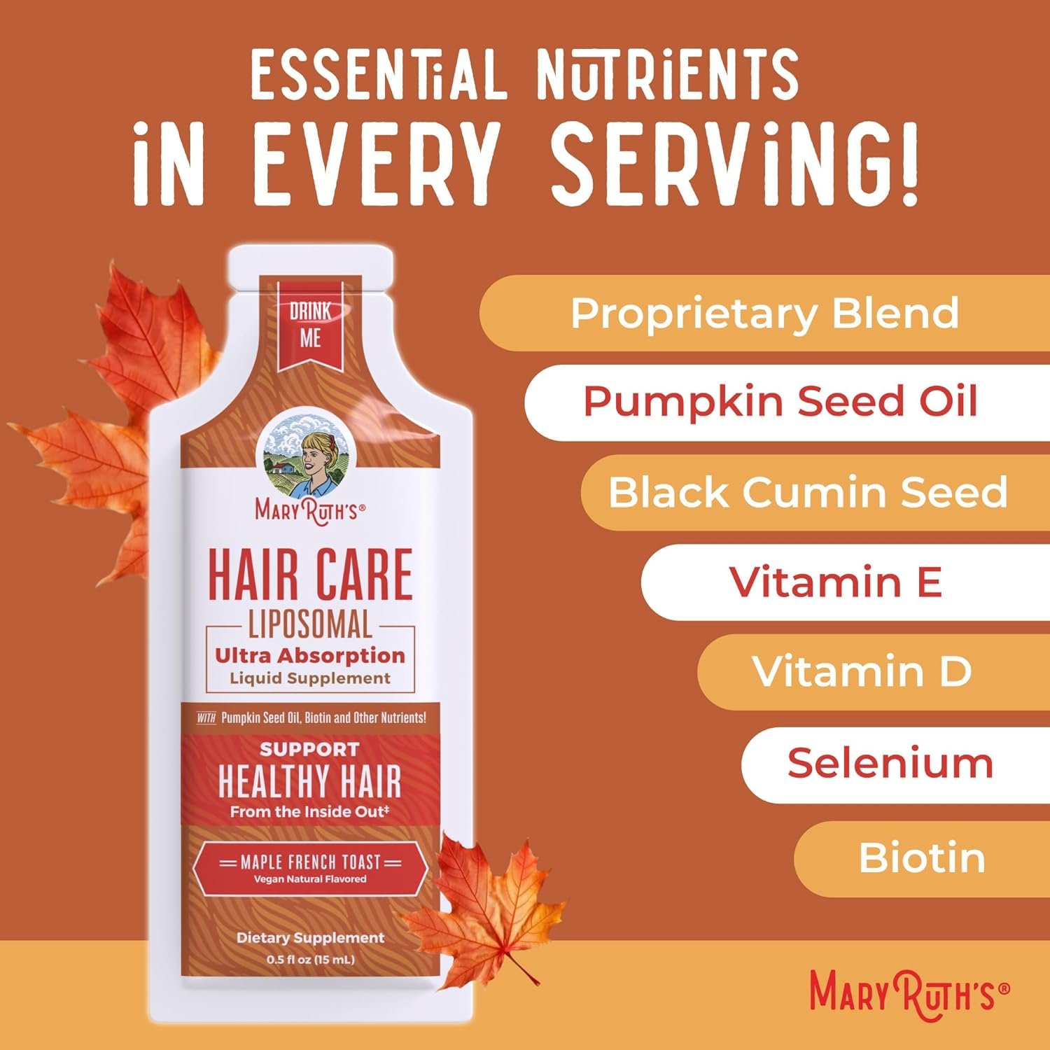 MaryRuth Organics Hair Growth Vitamins, Sugar Gluten Free, Liquid Hair Vitamins with Vitamin D3, Vitamin E Biotin Hyaluronic Acid, Selenium for Hair Skin Care Vegan, Non-GMO, 14-0.5 Fl Oz Pouches