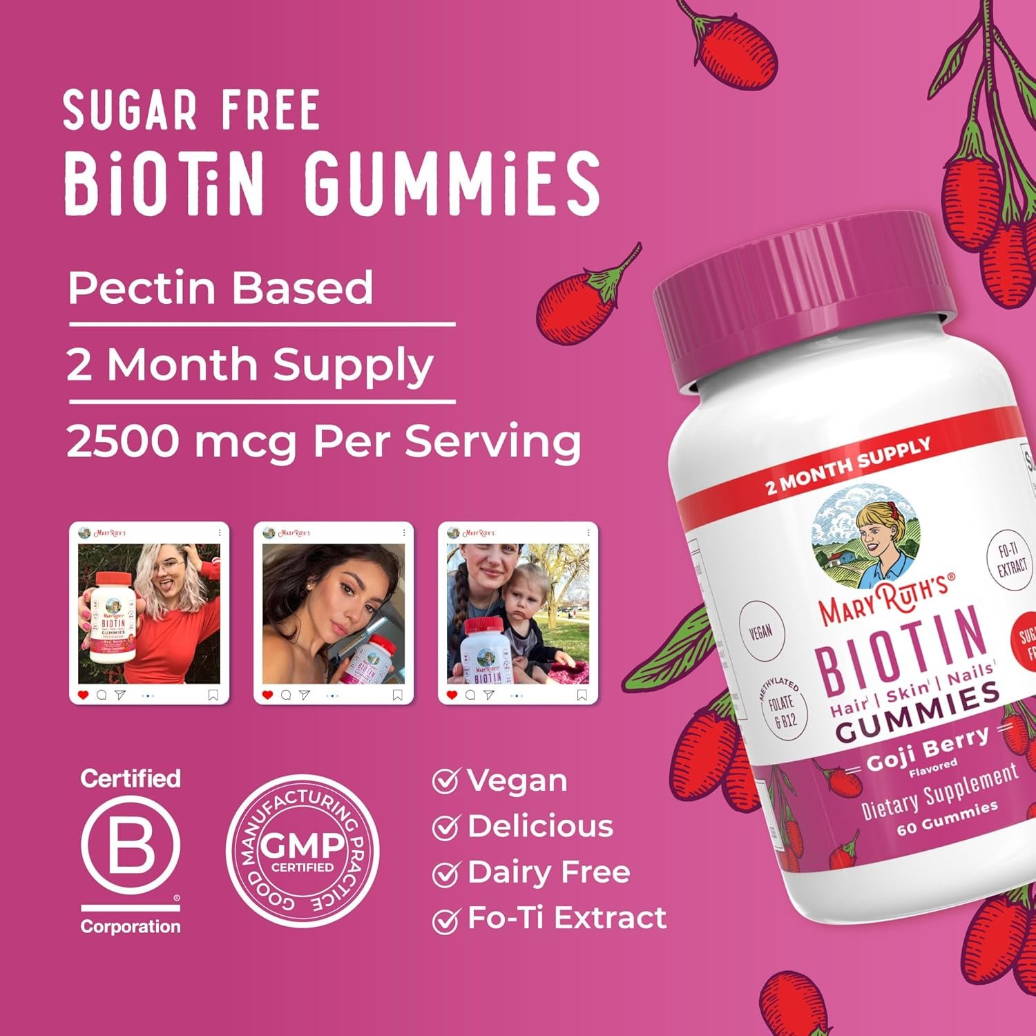 MaryRuths Biotin Gummies | Sugar Free | Vegan | Non-GMO | 2,500 mcg Biotin Supplement | Hair Skin and Nails Vitamins | Hair Growth Vitamins | Hair Growth Supplement | 60 Count