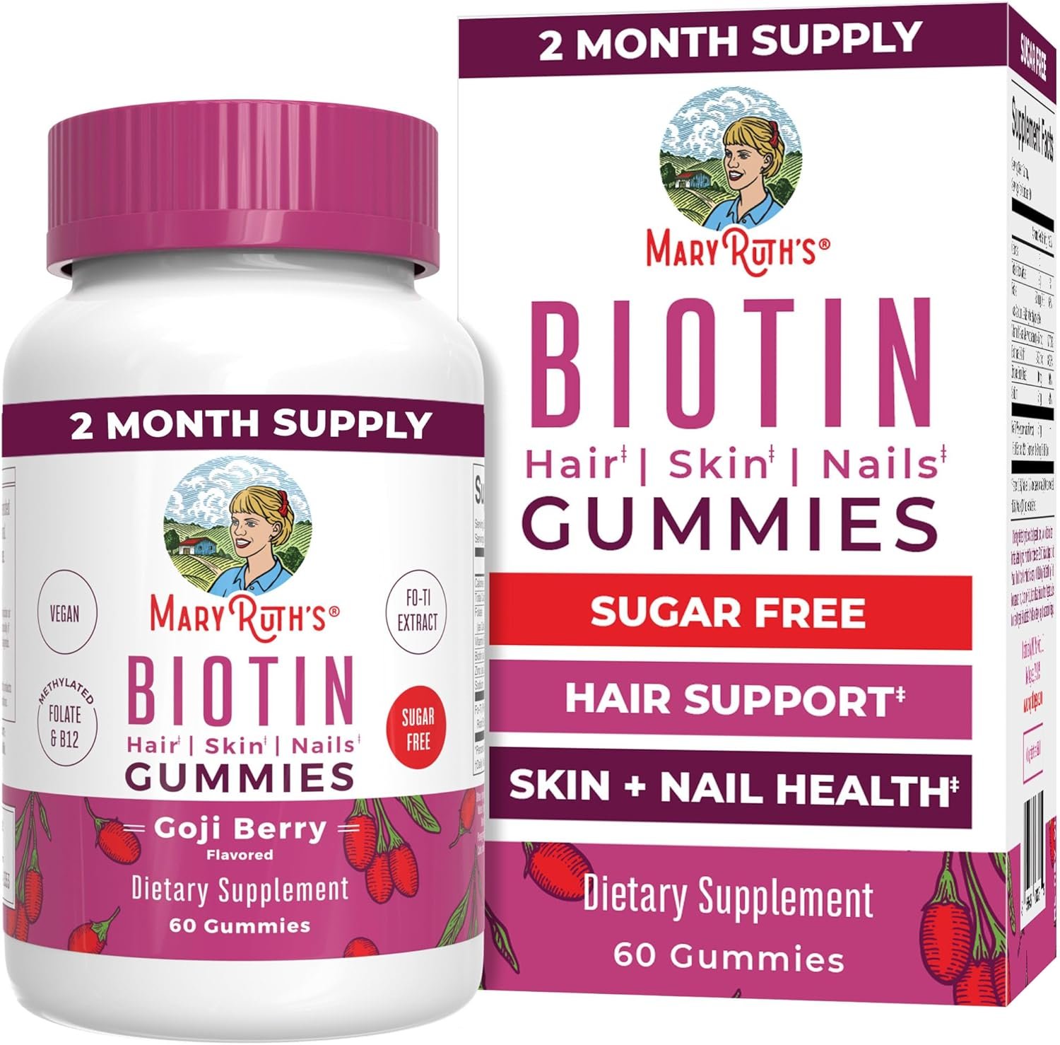 MaryRuths Biotin Gummies | Sugar Free | Vegan | Non-GMO | 2,500 mcg Biotin Supplement | Hair Skin and Nails Vitamins | Hair Growth Vitamins | Hair Growth Supplement | 60 Count