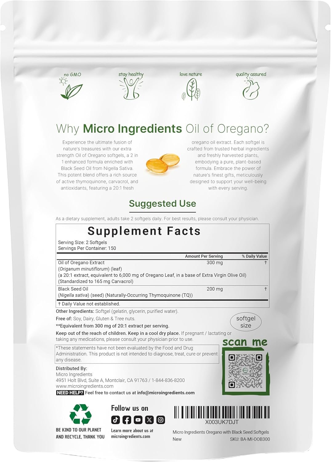 Micro Ingredients Oil of Oregano, 300 Softgel | Oregano Oil with Black Seed Oil, 4X Strength Carvacrol Thymoquinone | Plant Based, Non-GMO | Antioxidant Immune Support