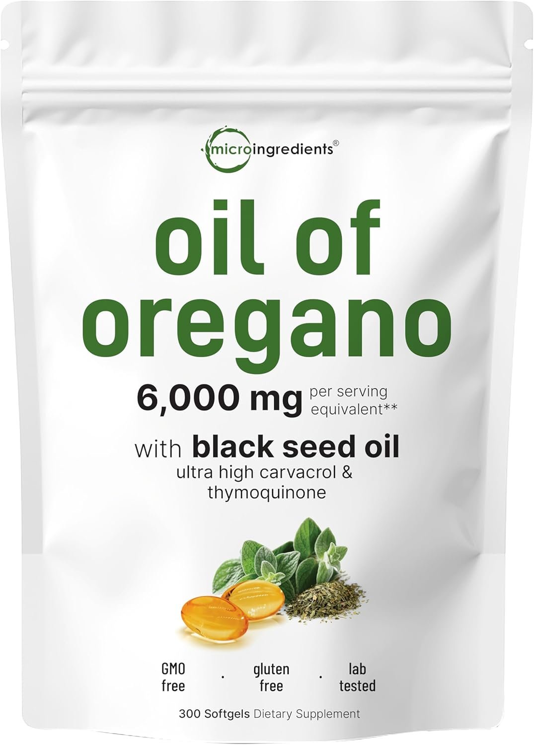 Micro Ingredients Oil of Oregano, 300 Softgel | Oregano Oil with Black Seed Oil, 4X Strength Carvacrol Thymoquinone | Plant Based, Non-GMO | Antioxidant Immune Support