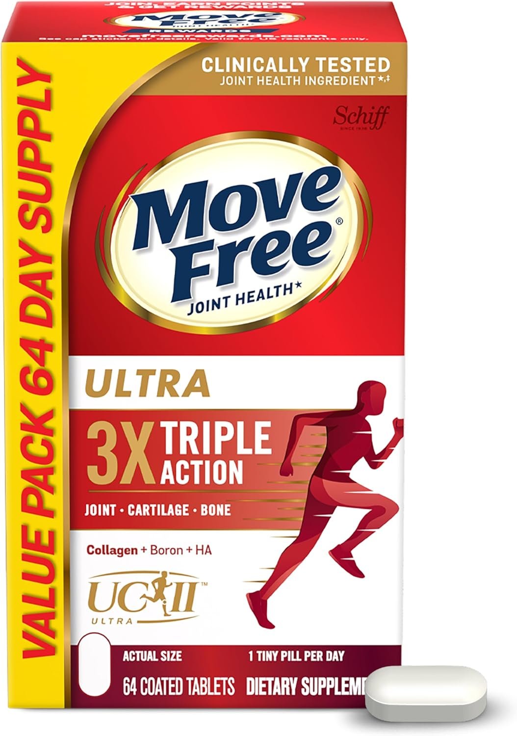 Move Free Ultra Triple Action Joint Support Supplement - Type II Collagen Boron Hyaluronic Acid - Supports Joint Comfort, Cartiliage Bones in 1 Tiny Pill Per Day, 64 Tablets (64 servings)*
