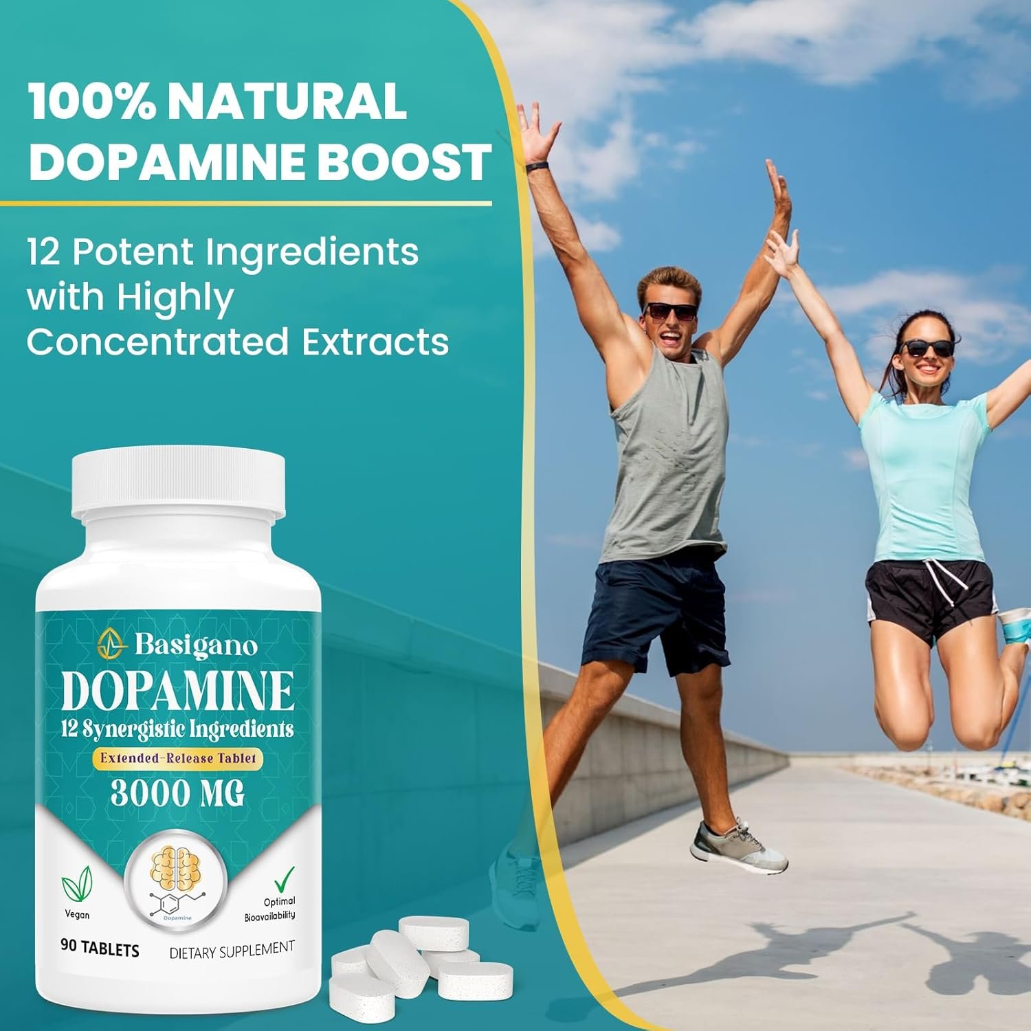 Natural Dopamine Supplement for Energy, Focus, Motivation, Mental Alertness, Mood, and Stress - Non-GMO, Gluten-Free - 90 Tablets