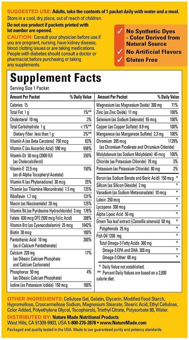 Nature Made Diabetes Health Pack, 60 Packets Bundle with Portable Travel Pill Organizer Case - Vitamins Minerals Supplements, Sugar Free- Color Khaki