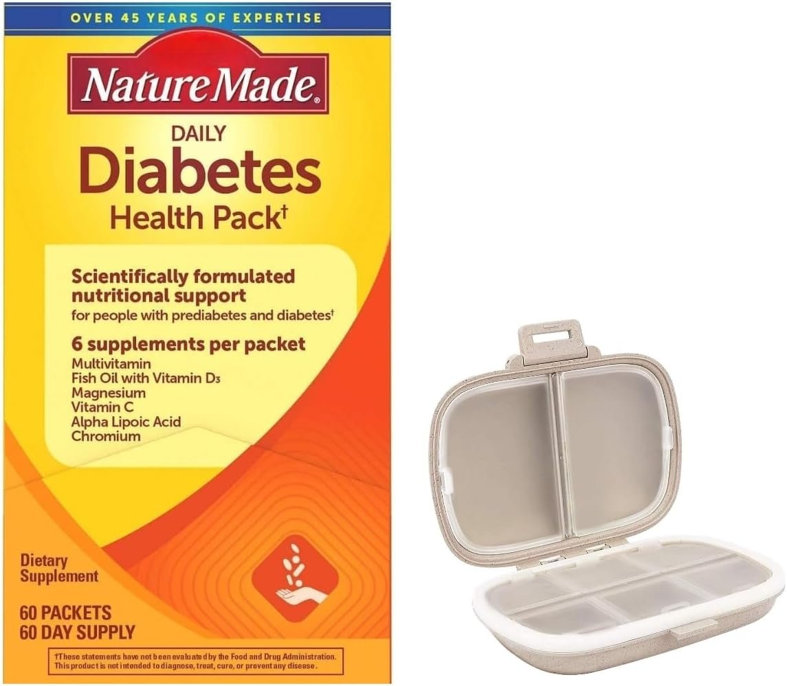 Nature Made Diabetes Health Pack, 60 Packets Bundle with Portable Travel Pill Organizer Case - Vitamins Minerals Supplements, Sugar Free- Color Khaki