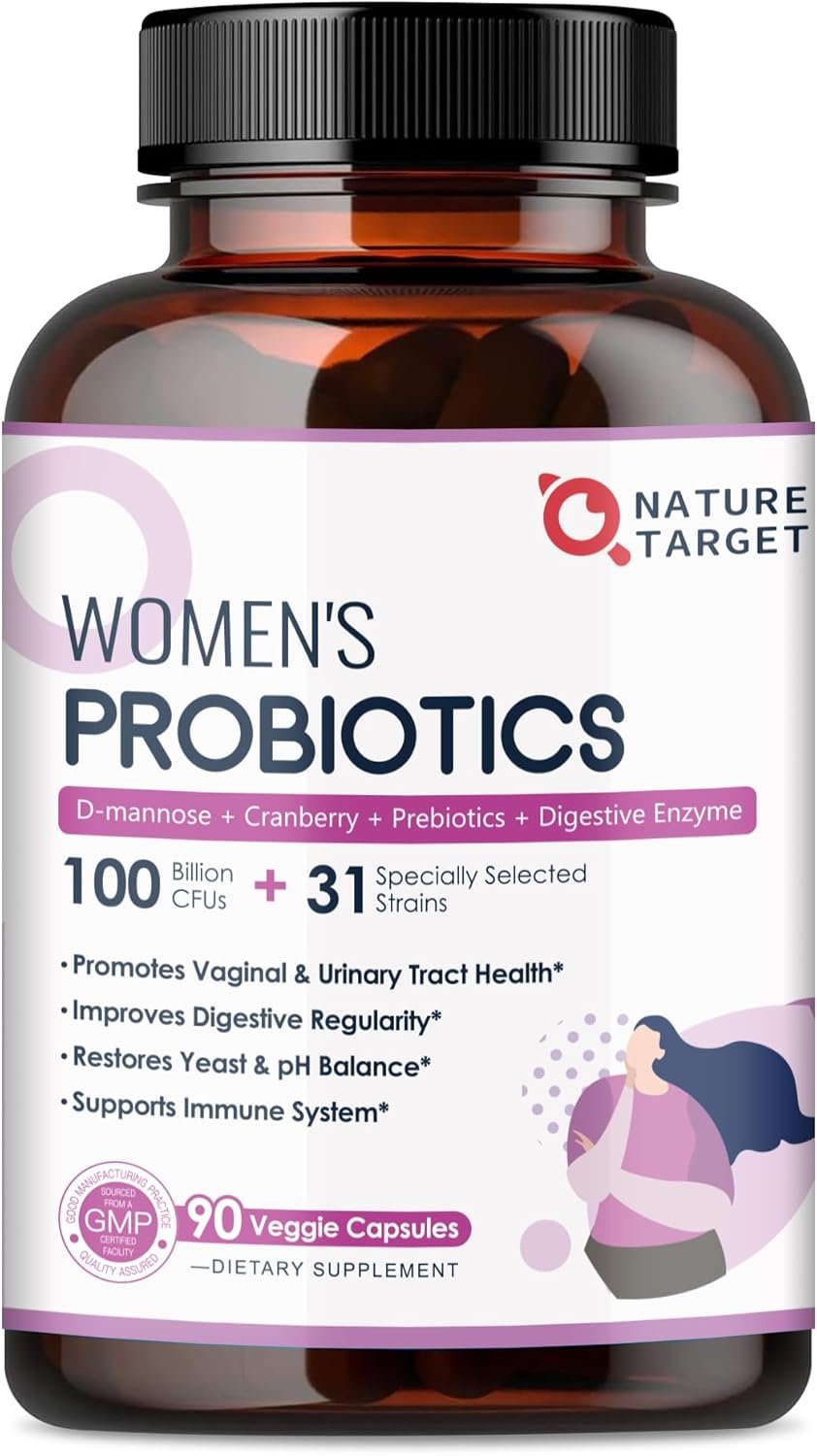 NATURE TARGET Probiotics for Women, 100 Billion CFUs Probiotic with Digestive Enzymes Prebiotics, Vaginal Probiotics with Cranberry for Urinary Tract Health, pH Balance, 90 Veggie Capsules