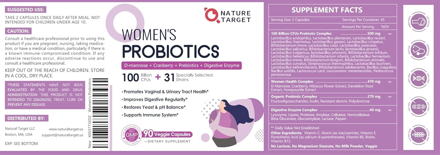 NATURE TARGET Probiotics for Women, 100 Billion CFUs Probiotic with Digestive Enzymes Prebiotics, Vaginal Probiotics with Cranberry for Urinary Tract Health, pH Balance, 90 Veggie Capsules