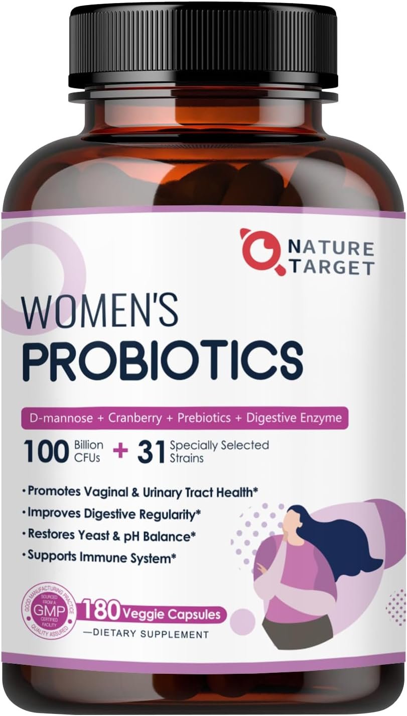 NATURE TARGET Probiotics for Women, 100 Billion CFUs Probiotic with Digestive Enzymes Prebiotics, Vaginal Probiotics with Cranberry for Urinary Tract Health, pH Balance, 180 Veggie Capsules