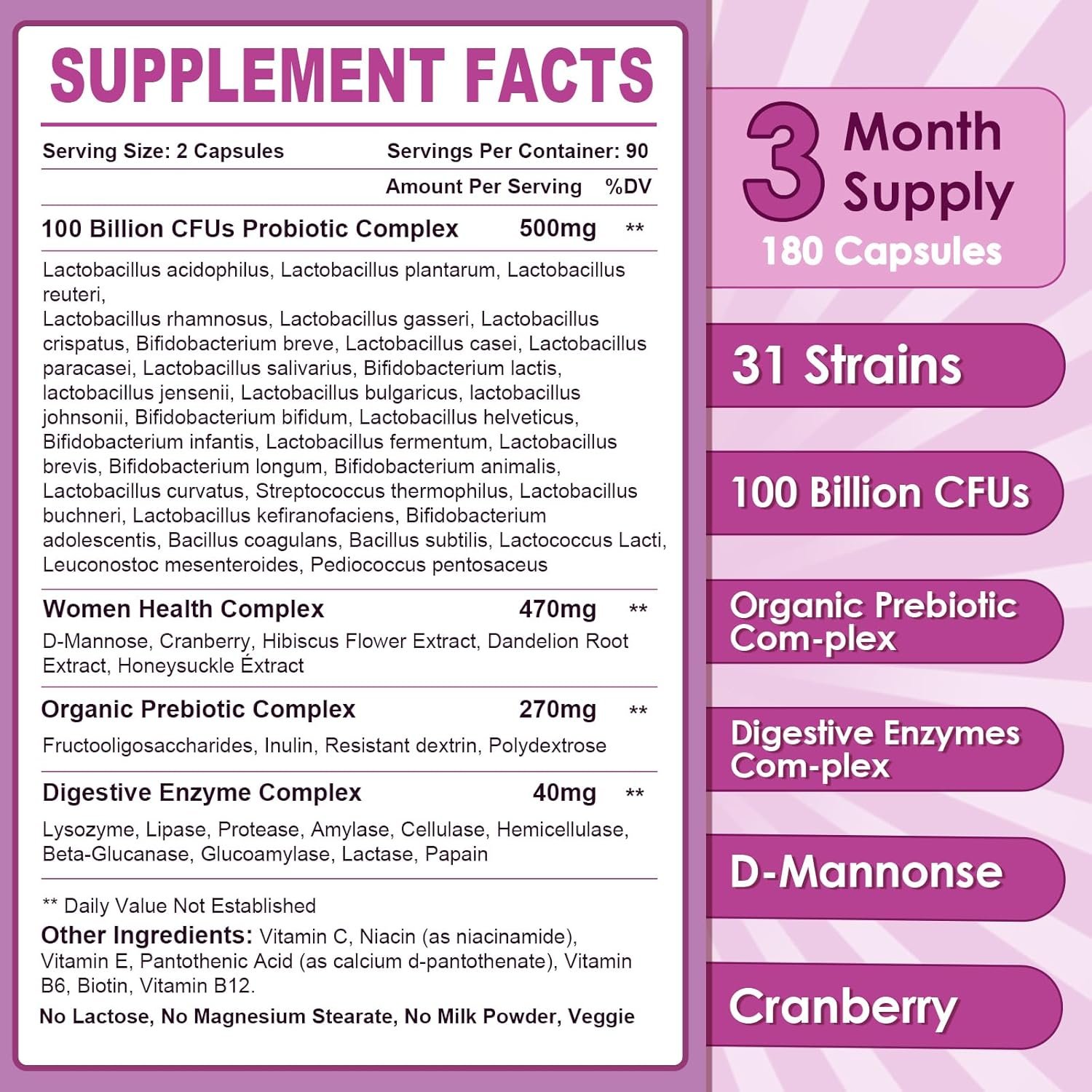 NATURE TARGET Probiotics for Women, 100 Billion CFUs Probiotic with Digestive Enzymes Prebiotics, Vaginal Probiotics with Cranberry for Urinary Tract Health, pH Balance, 180 Veggie Capsules