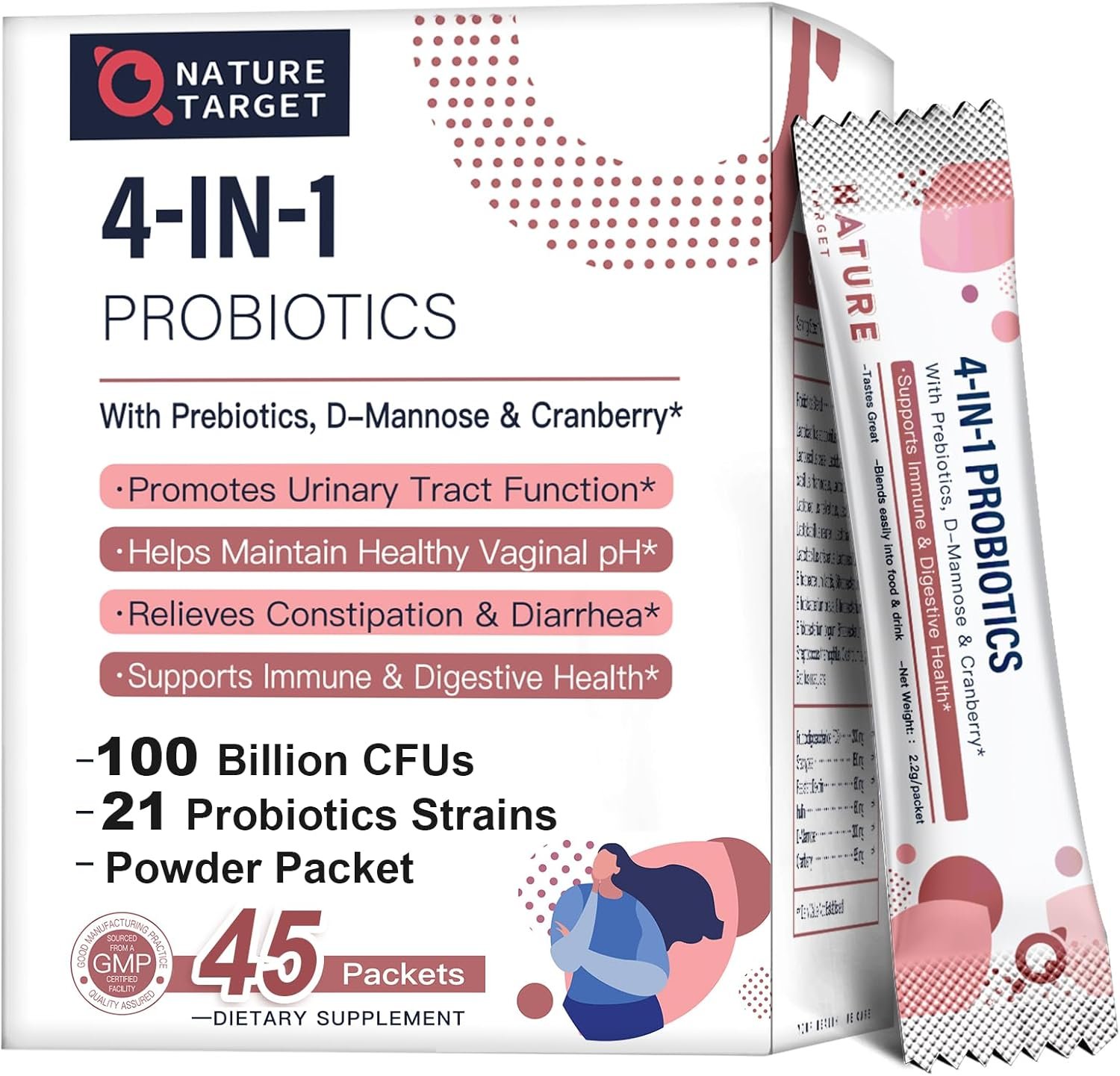 NATURE TARGET Probiotics-for-Women Prebiotics-and-Probiotics-Powder, 100-Billion-CFUs 45-Day-Supply, Womens-Probiotic with D-Mannose and Cranberry for Urinary Tract/Gut/Digestive Health