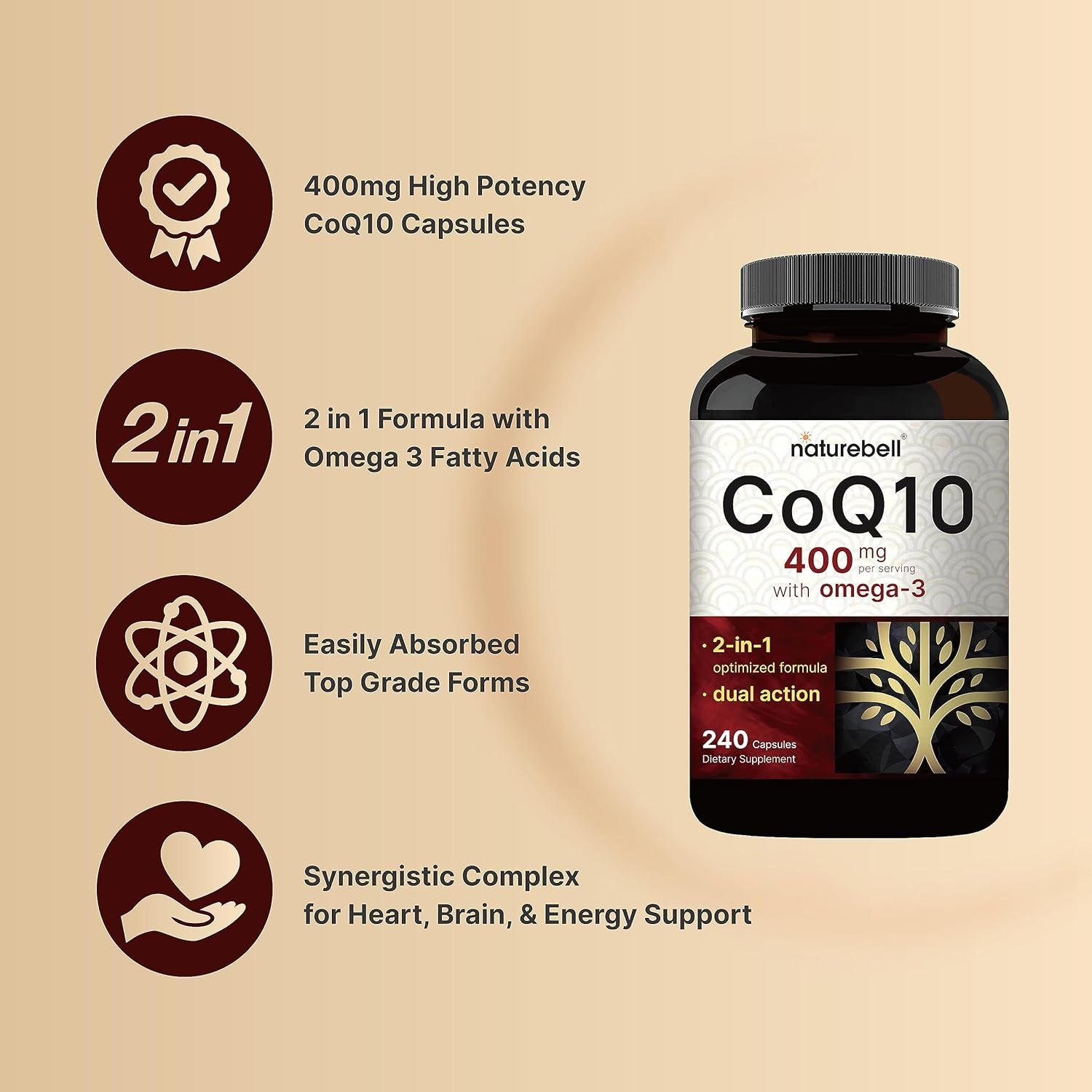 NatureBell CoQ10 400mg with Omega 3 Fatty Acids, 240 Capsules | Stable High Absorption Form – Antioxidant Support for Heart Energy Health – Extra Strength Coenzyme Q10 Supplement