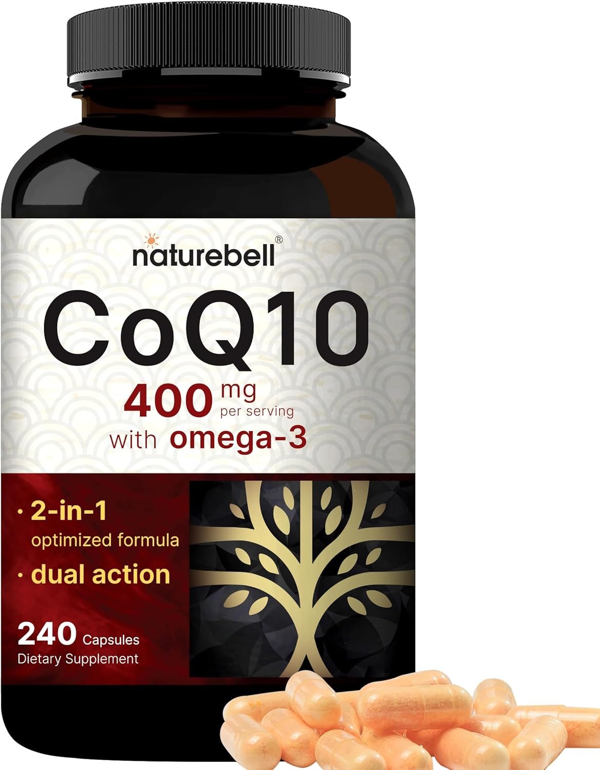 NatureBell CoQ10 400mg with Omega 3 Fatty Acids, 240 Capsules | Stable High Absorption Form – Antioxidant Support for Heart Energy Health – Extra Strength Coenzyme Q10 Supplement