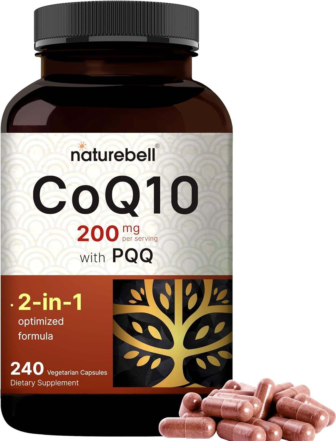 NatureBell CoQ10 (Ubiquinone) 200mg with PQQ, 240 Veggie Capsules | Stable High Absorption Form – Antioxidant Support for Brain, Heart, Energy Health – Extra Strength Coenzyme Q10 Supplement