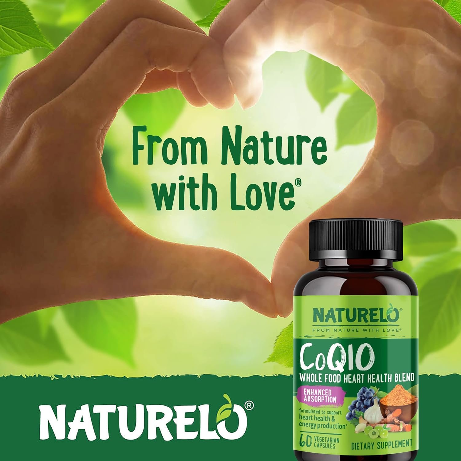 NATURELO Whole Food CoQ10 with Heart Health Blend, Powerful Antioxidant for Energy Production, 60 Capsules