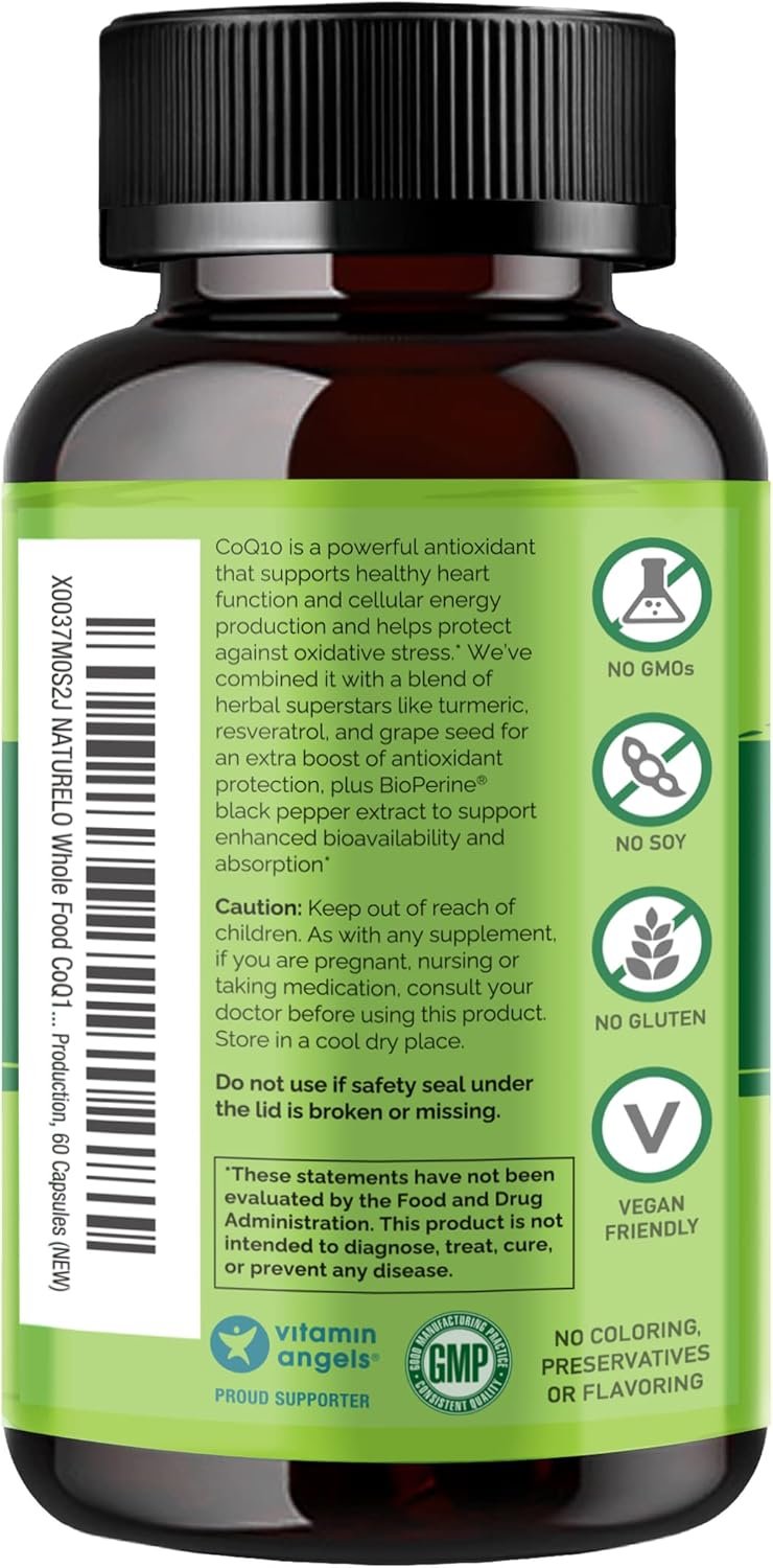 NATURELO Whole Food CoQ10 with Heart Health Blend, Powerful Antioxidant for Energy Production, 60 Capsules