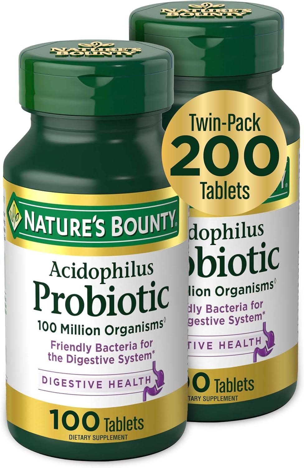 Natures Bounty Acidophilus Probiotic, Daily Probiotic Supplement, Supports Digestive Health, Twin Pack, 200 Tablets