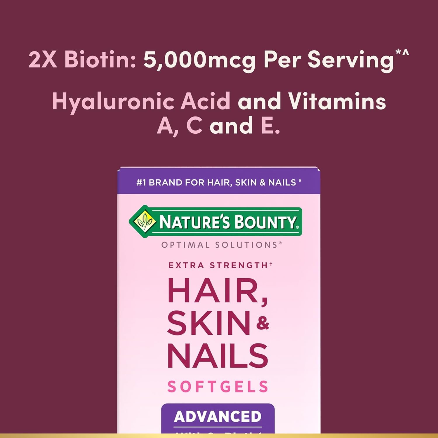 Natures Bounty Advanced Hair, Skin Nails, Argan-Infused Vitamin Supplement with Biotin and Hyaluronic Acid, 150 Rapid Release Softgels, 50 Total Servings