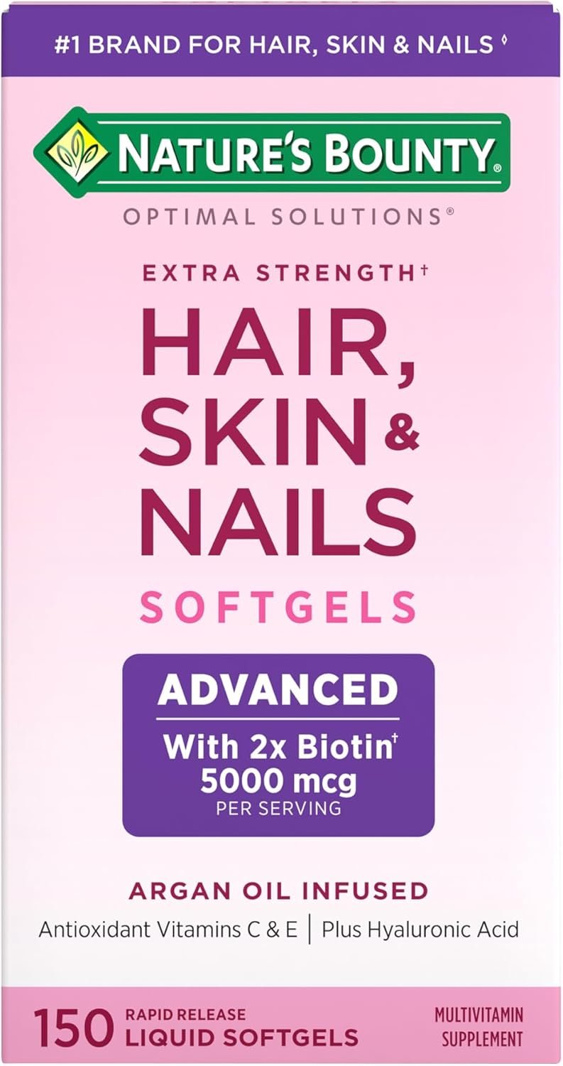 Natures Bounty Advanced Hair, Skin Nails, Argan-Infused Vitamin Supplement with Biotin and Hyaluronic Acid, 150 Rapid Release Softgels, 50 Total Servings