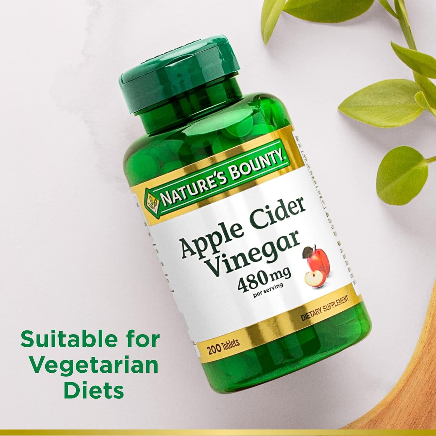 Natures Bounty Apple Cider Vinegar 480mg Pills, Vegetarian Supplement Plant Based, 200 Tablets