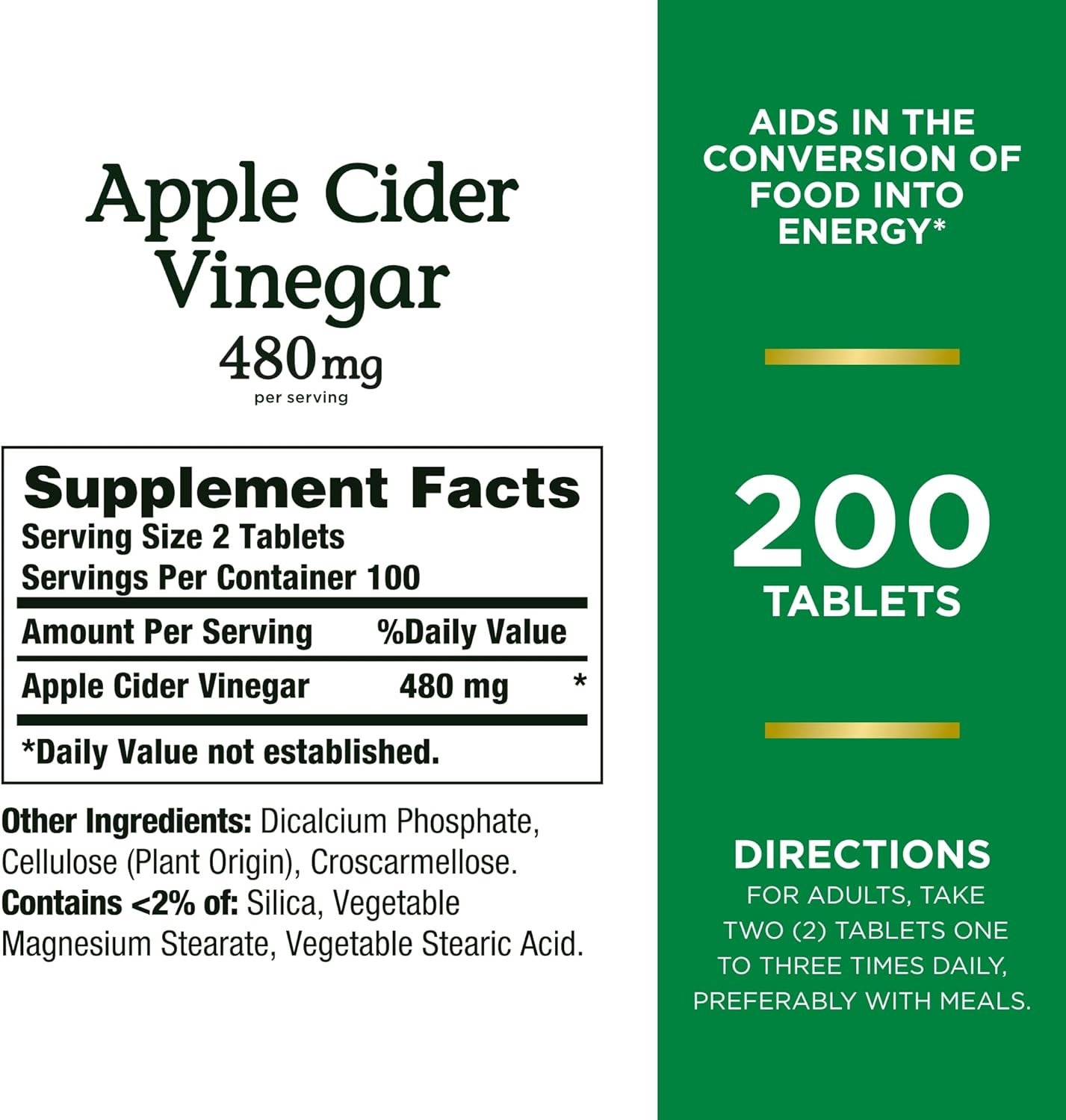 Natures Bounty Apple Cider Vinegar 480mg Pills, Vegetarian Supplement Plant Based, 200 Tablets