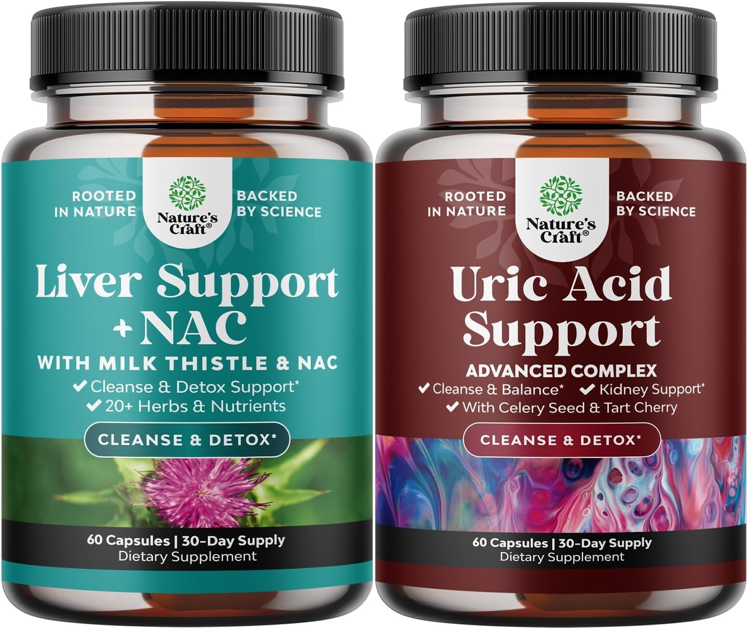 Natures Craft Bundle of Liver Support Supplement with NAC for Liver Cleanse and Vegan Uric Acid Cleanse and Detox for Men and Womens Joints Kidneys and More