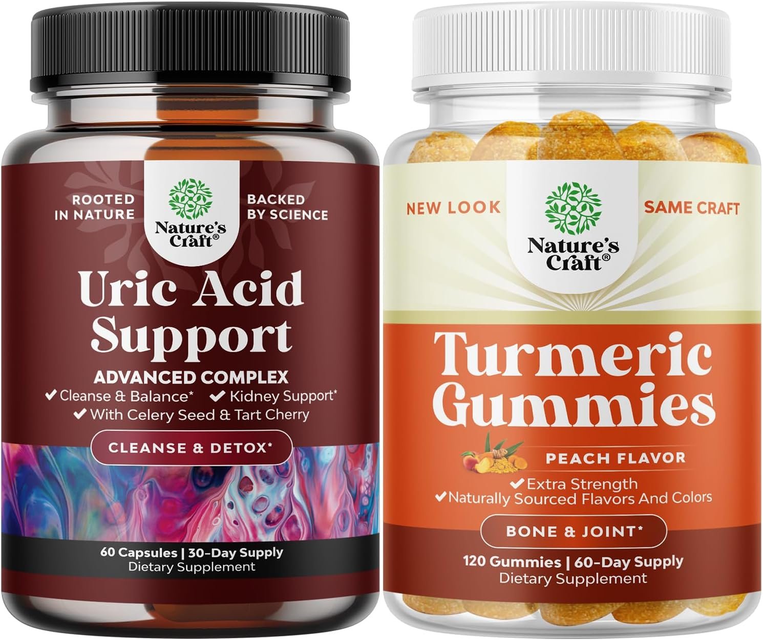 Natures Craft Bundle of Vegan Uric Acid Cleanse and Detox for Men and Womens Joints Kidneys and More and Turmeric Gummies for Adults Peach Flavor - Extra Strength Joint Support Gummies