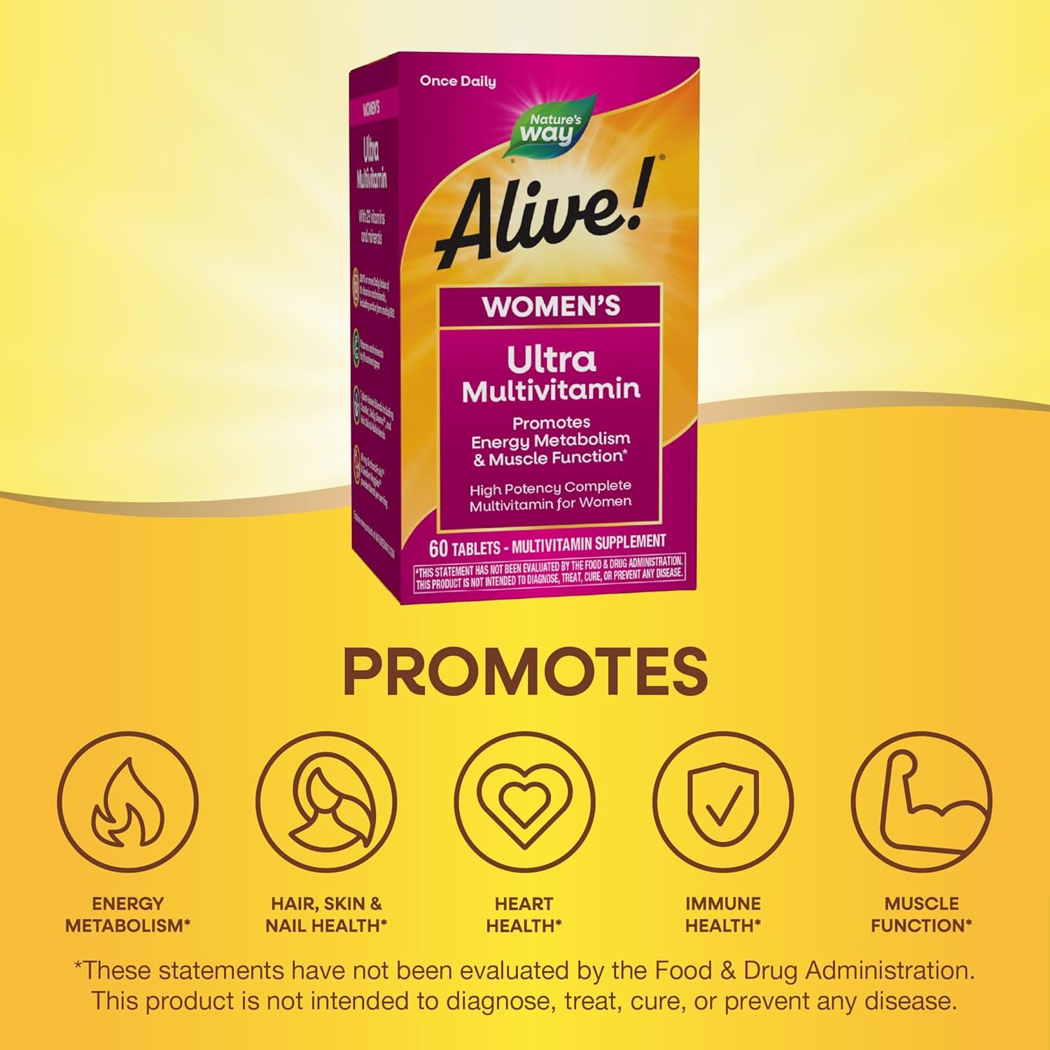 Natures Way Alive! Womens Daily Ultra Multivitamin, High Potency Formula, Promotes Energy Metabolism and Muscle Function*, with Methylated B12, 60 Tablets (Packaging May Vary)