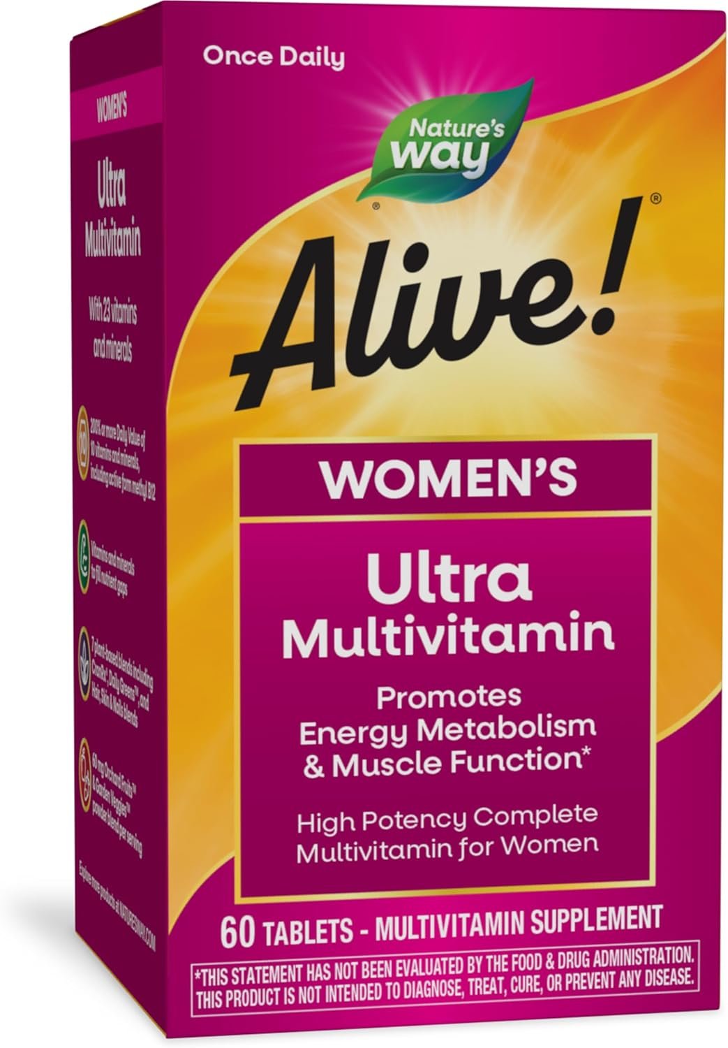 Natures Way Alive! Womens Daily Ultra Multivitamin, High Potency Formula, Promotes Energy Metabolism and Muscle Function*, with Methylated B12, 60 Tablets (Packaging May Vary)