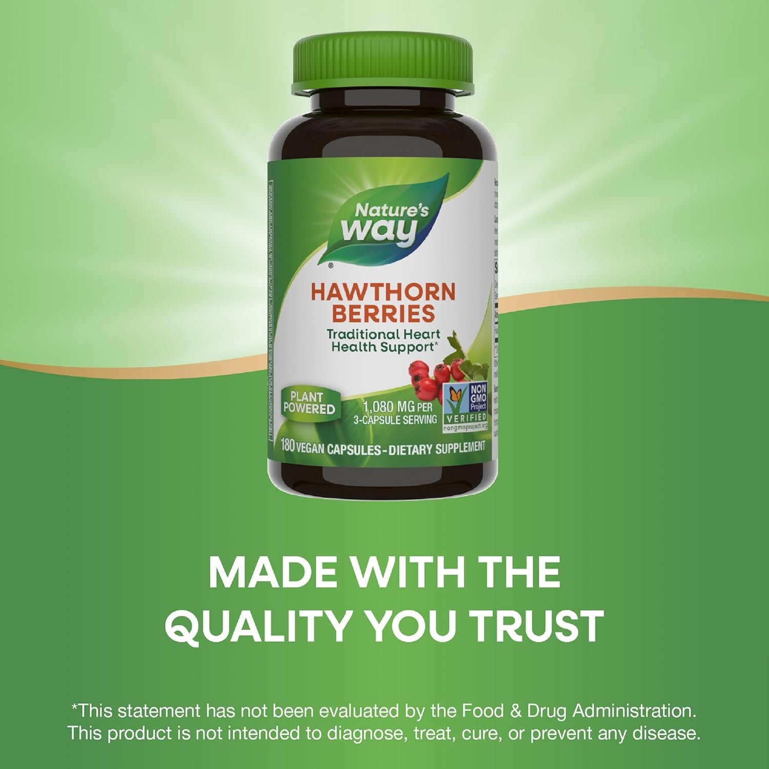 Natures Way Hawthorn Berries - Traditional Support for Heart Health* - Non-GMO Project Verified - Herbal Supplement - Gluten Free - 180 Vegan Capsules
