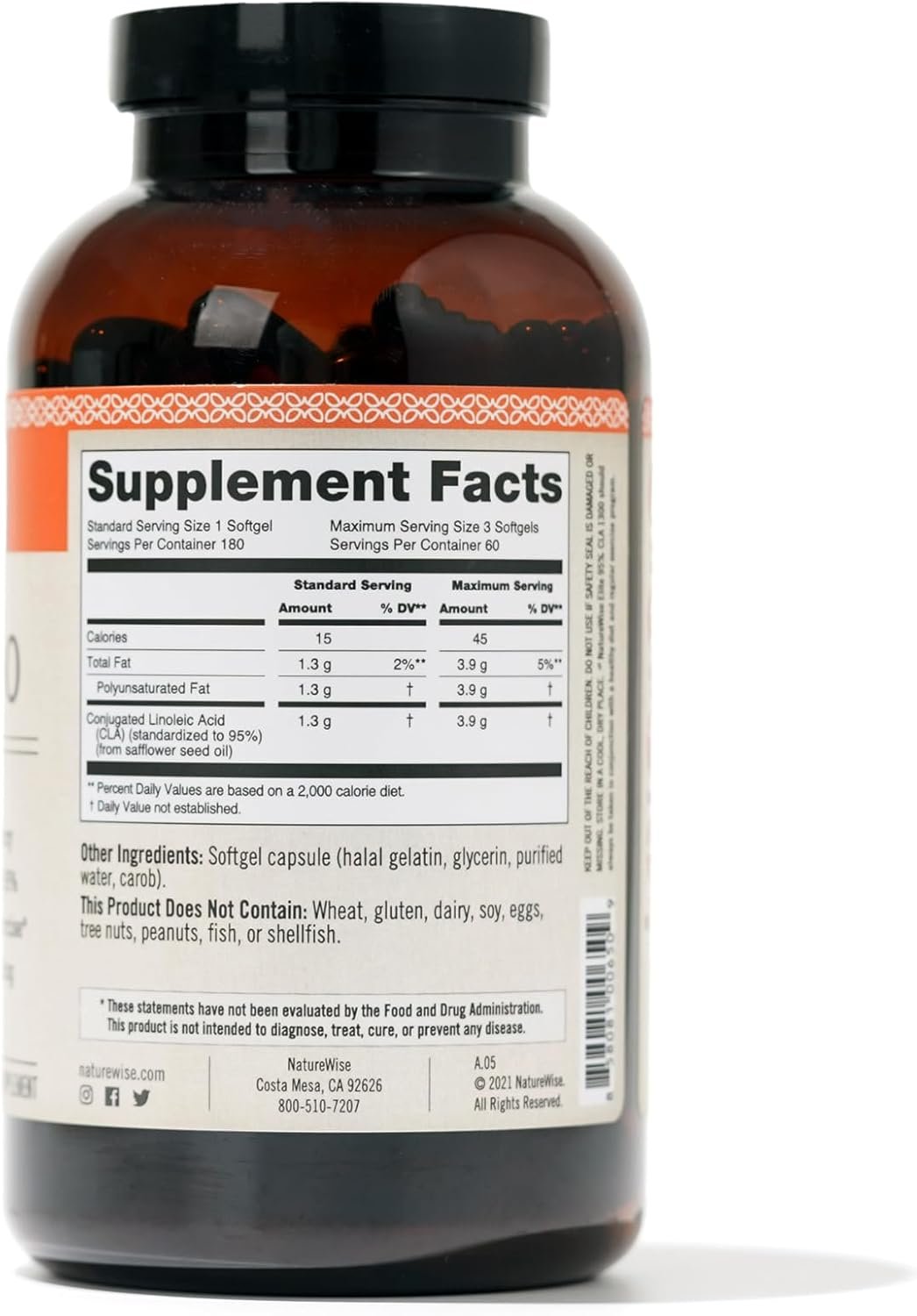 NatureWise CLA 1250 - Conjugated Linoleic Acid Supplement for Women and Men, Not Stimulating, Supports Healthy Weight, Fitness Goals - Non-GMO, Gluten Free - 180 Softgels[2-Month Supply]