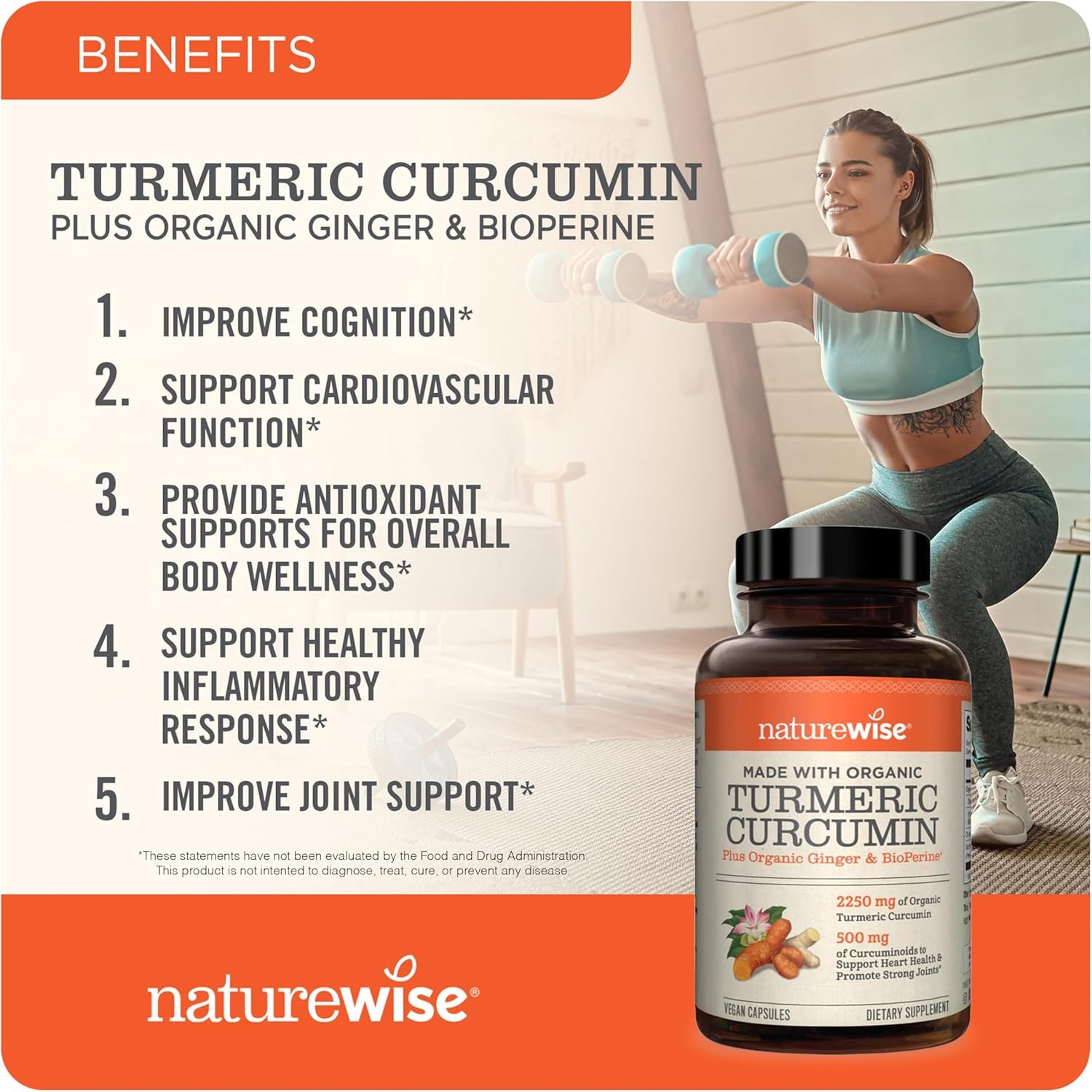 NatureWise Curcumin Turmeric 2250mg - 95% Curcuminoids BioPerine Black Pepper Extract for Advanced Absorption - Daily Joint and Immune Health Support - Vegan, Non-GMO, 180 Count[60-Day Supply]