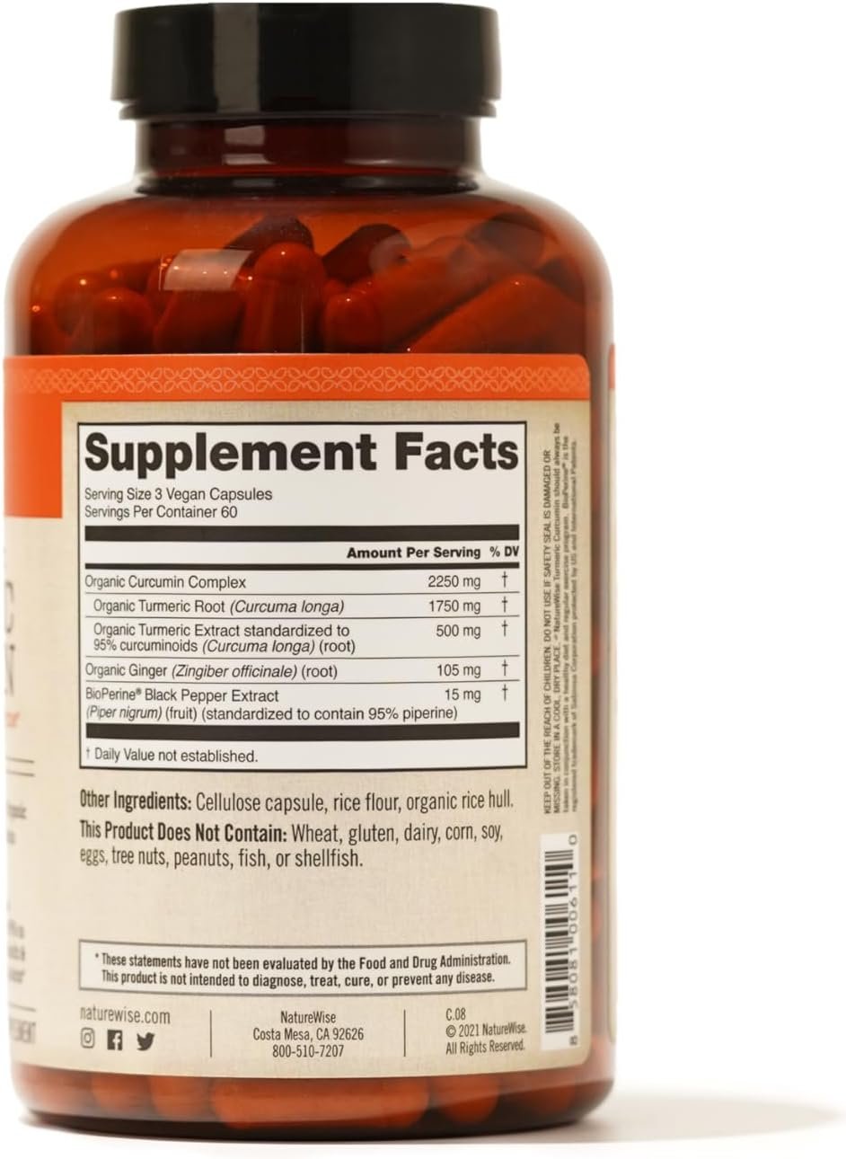NatureWise Curcumin Turmeric 2250mg - 95% Curcuminoids BioPerine Black Pepper Extract for Advanced Absorption - Daily Joint and Immune Health Support - Vegan, Non-GMO, 180 Count[60-Day Supply]