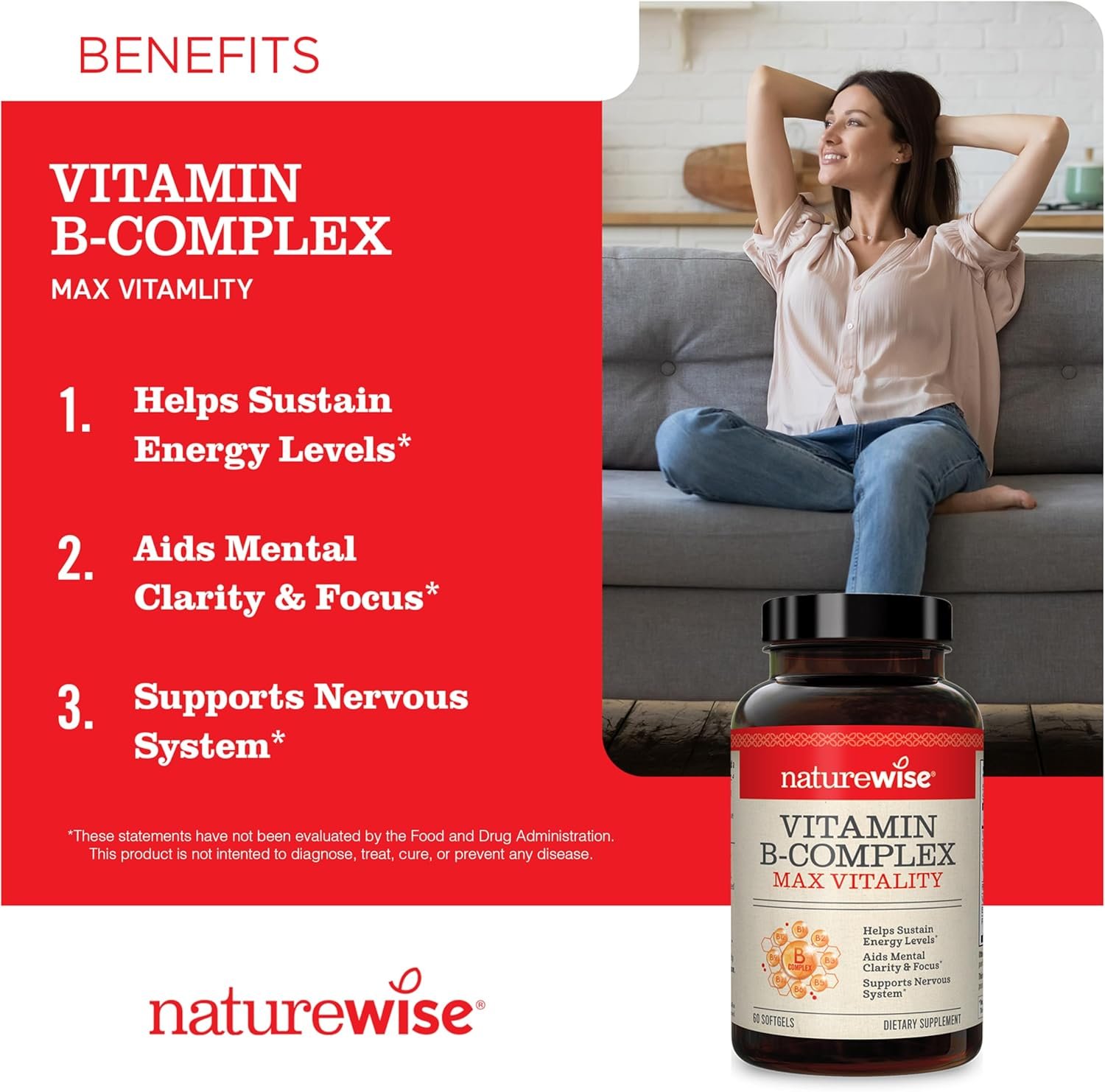 NatureWise Vitamin B Complex for Women and Men - with Folic Acid Biotin B1 B2 B3 B6 B12 - Support Cellular Energy Mental Clarity - Gluten Dairy Free, Non-GMO - 60 Softgels[2-Month Supply]