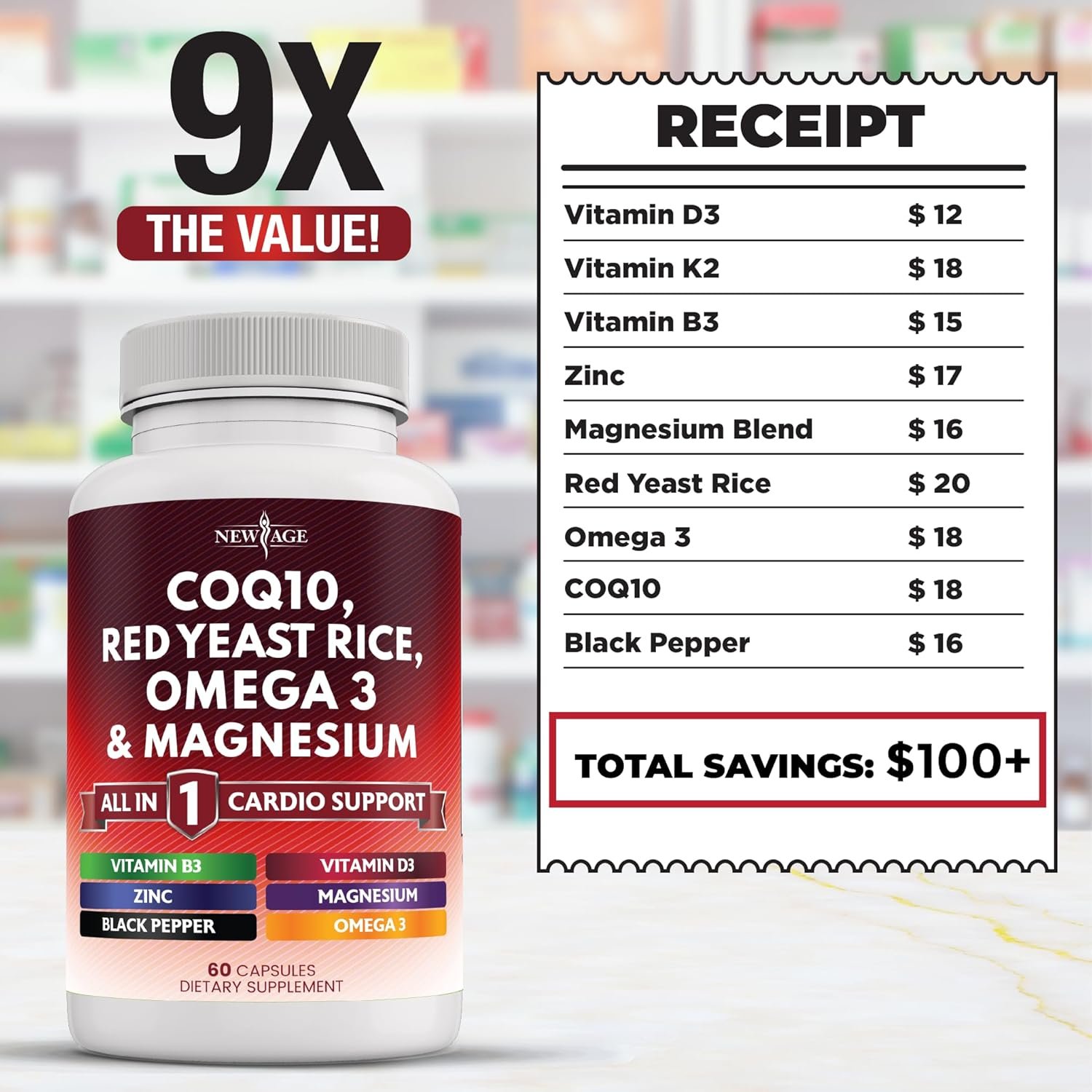 NEW AGE COQ10 200mg Red Yeast Rice, Omega 3, Magnesium Complex, Zinc Vitamin K2 D3 - Heart Health Support Vitamins for Women and Men with Vitamin B3, Coenzyme Q10-60 Count