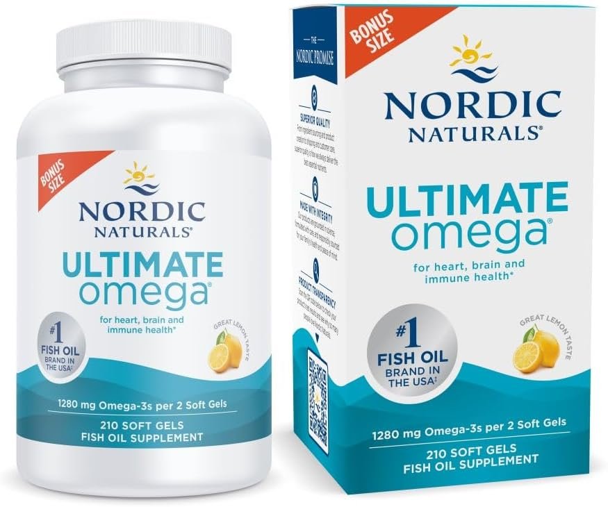 Nordic Naturals Ultimate Omega, Lemon Flavor - 180 Soft Gels - 1280 mg Omega-3 - High-Potency Fish Oil with EPA DHA - Promotes Brain Heart Health - Non-GMO - 90 Servings