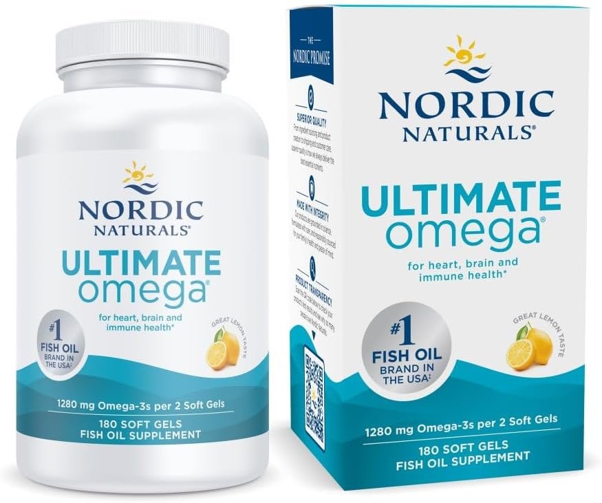 Nordic Naturals Ultimate Omega, Lemon Flavor - 180 Soft Gels - 1280 mg Omega-3 - High-Potency Fish Oil with EPA DHA - Promotes Brain Heart Health - Non-GMO - 90 Servings