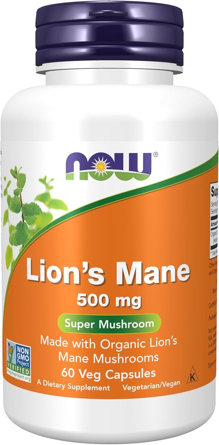 NOW Foods Supplements, Lions Mane 500 mg, Super Mushroom, Made with Organic Lions Mane Mushrooms, 60 Veg Capsules