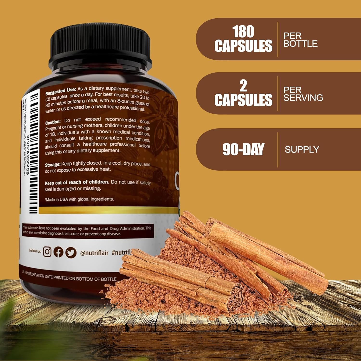 NutriFlair Organic Ceylon Cinnamon Supplement 1200mg, 120 Capsules - USDA Certified Organic Cinnamon - Non-GMO, Gluten Free Cinnamon Powder, Antioxidant Cinnamon Pills
