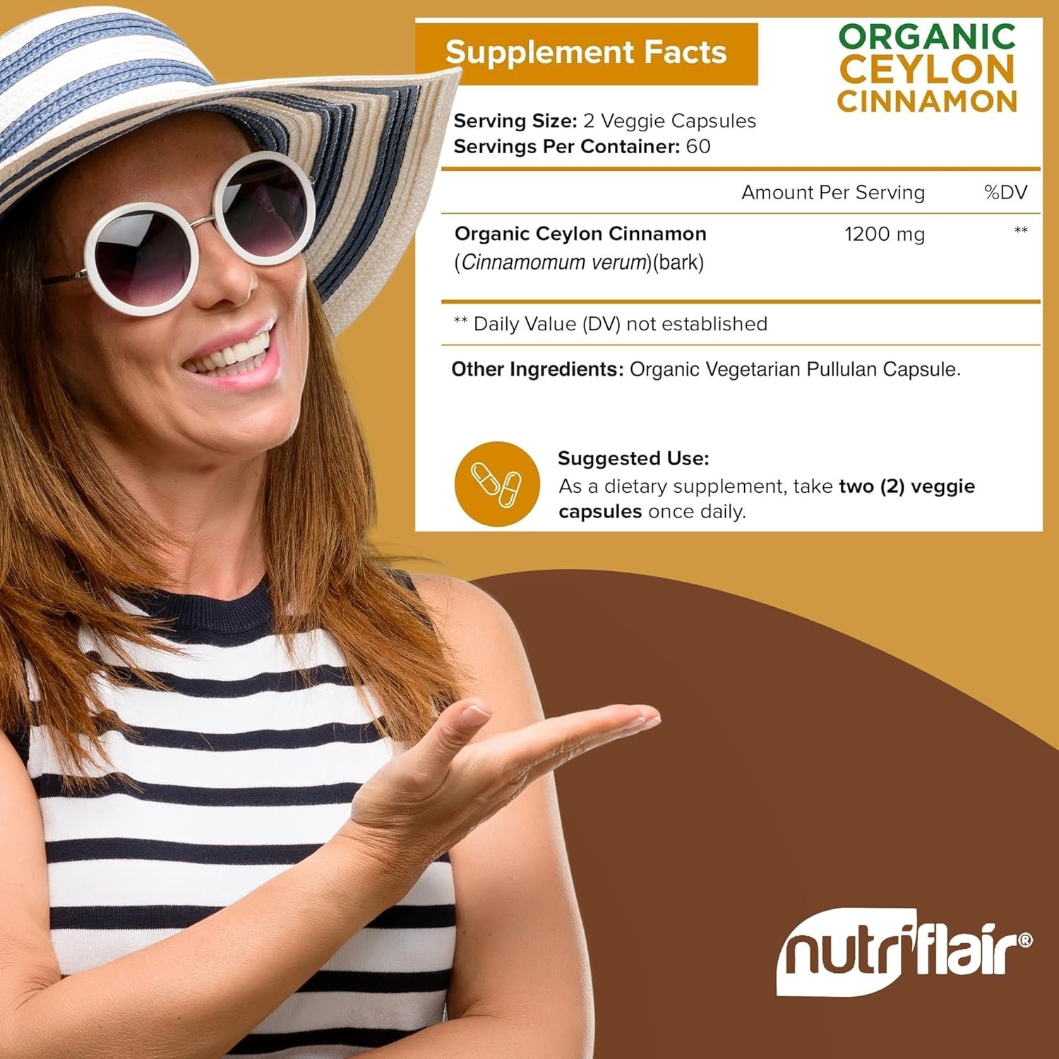 NutriFlair Organic Ceylon Cinnamon Supplement 1200mg, 120 Capsules - USDA Certified Organic Cinnamon - Non-GMO, Gluten Free Cinnamon Powder, Antioxidant Cinnamon Pills