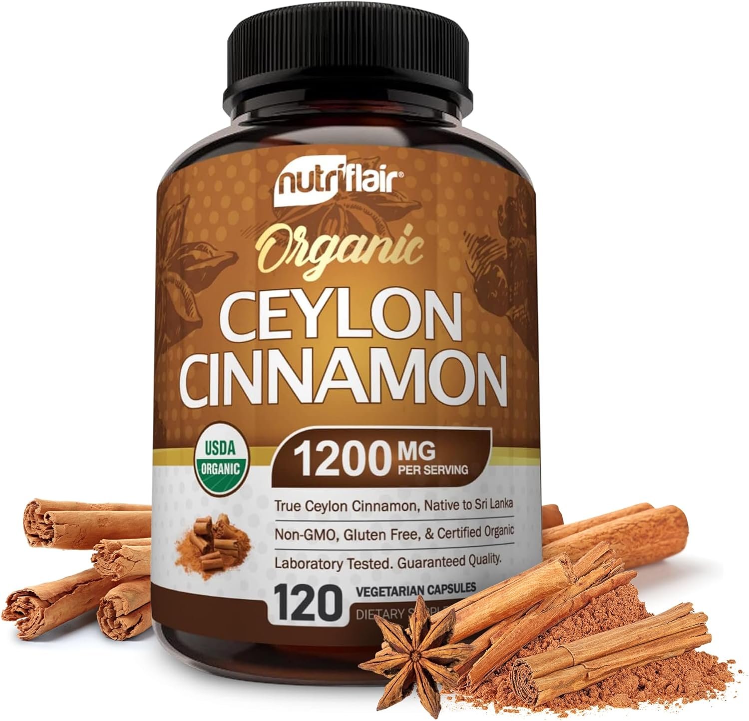 NutriFlair Organic Ceylon Cinnamon Supplement 1200mg, 120 Capsules - USDA Certified Organic Cinnamon - Non-GMO, Gluten Free Cinnamon Powder, Antioxidant Cinnamon Pills