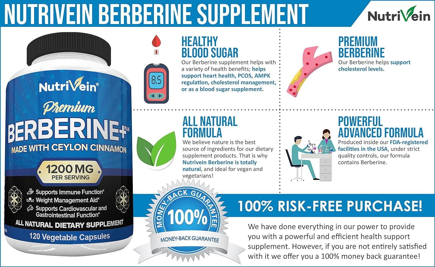 Nutrivein Premium Berberine HCL 1200mg Plus Organic Ceylon Cinnamon - 120 Capsules - Supports Glucose Metabolism, Immune System, Weight Management - Berberine HCI Supplement