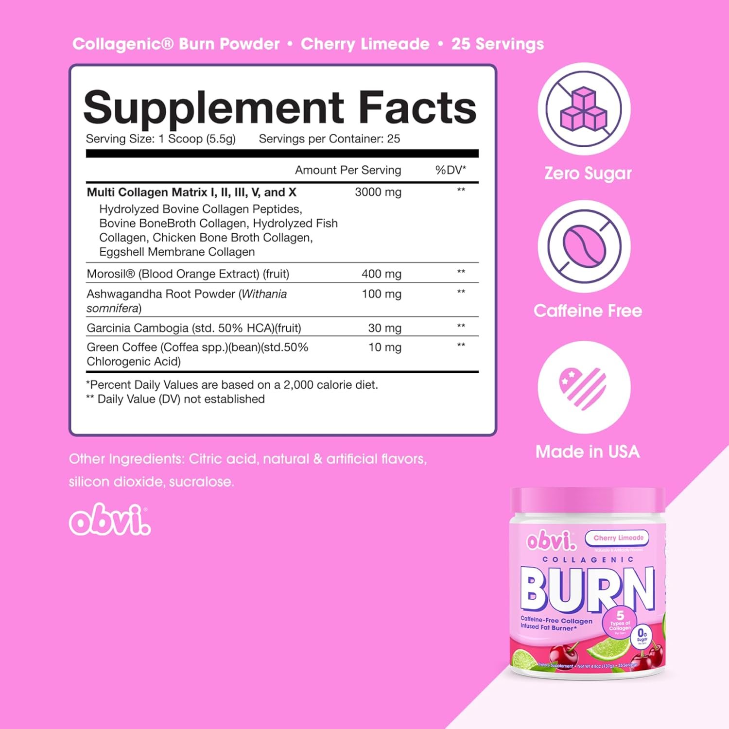 Obvi Collagenic Burn Powder | Collagen Peptide Blend with GBB, Ashwagandha Green Coffee | Boosts Metabolism, Energy, and Wellness | Supports Skin, Hair, Nails, Joints | Cherry Limeade 25 Servings