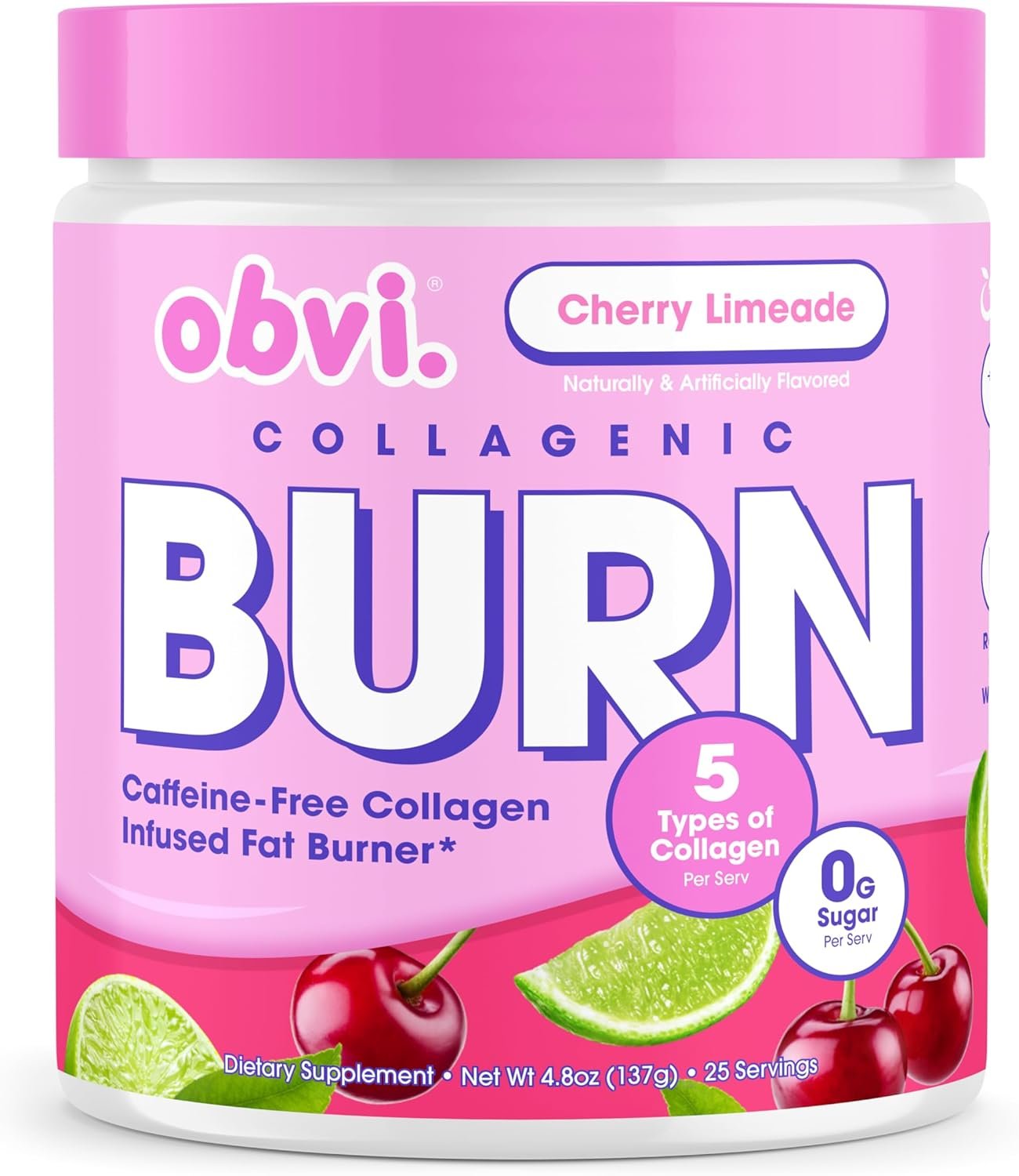 Obvi Collagenic Burn Powder | Collagen Peptide Blend with GBB, Ashwagandha Green Coffee | Boosts Metabolism, Energy, and Wellness | Supports Skin, Hair, Nails, Joints | Cherry Limeade 25 Servings