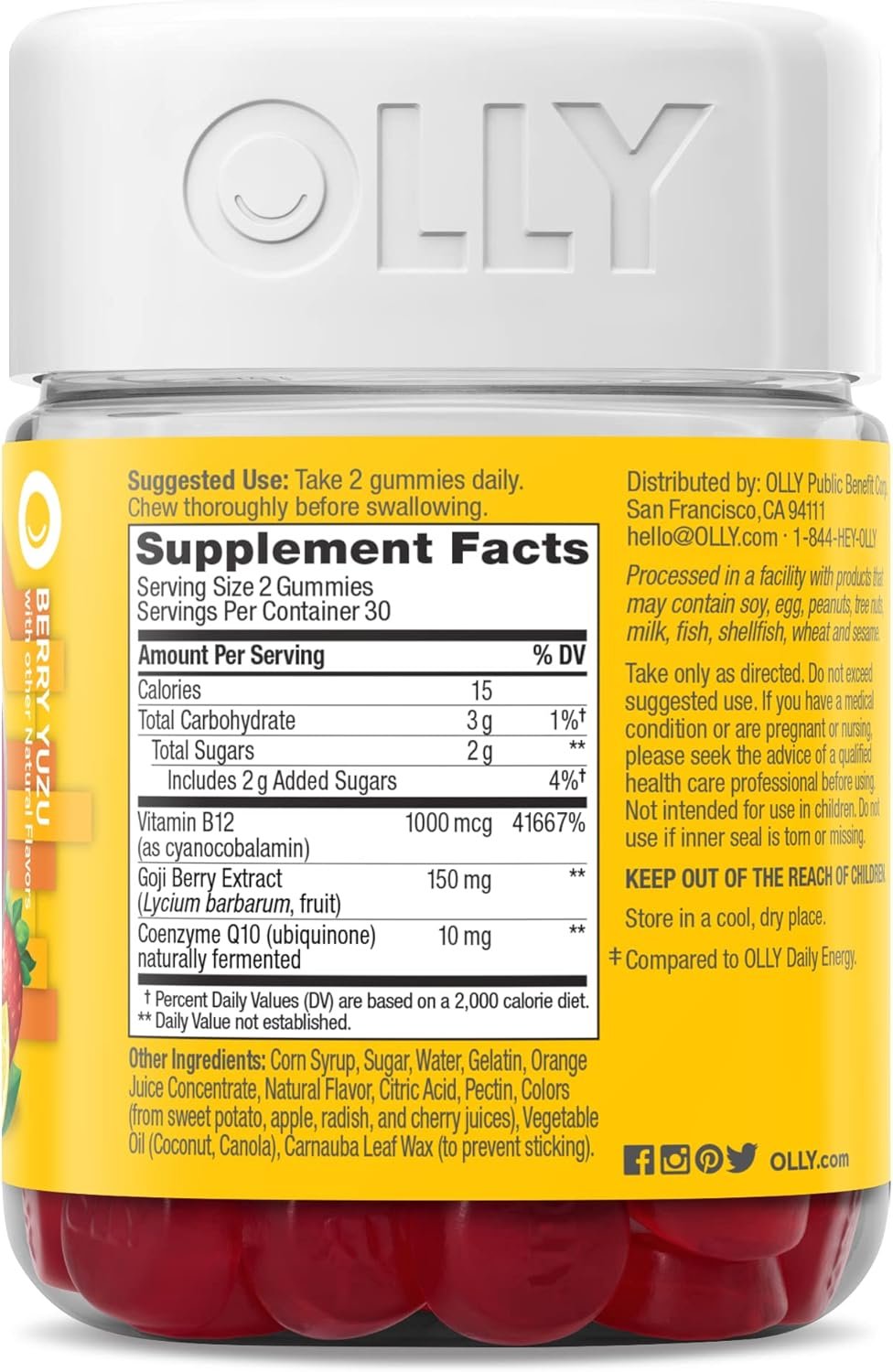 OLLY Daily Energy Gummy, Caffeine Free, Vitamin B12, CoQ10, Goji Berry, Adult Chewable Supplement, Tropical Flavor - 60 Count